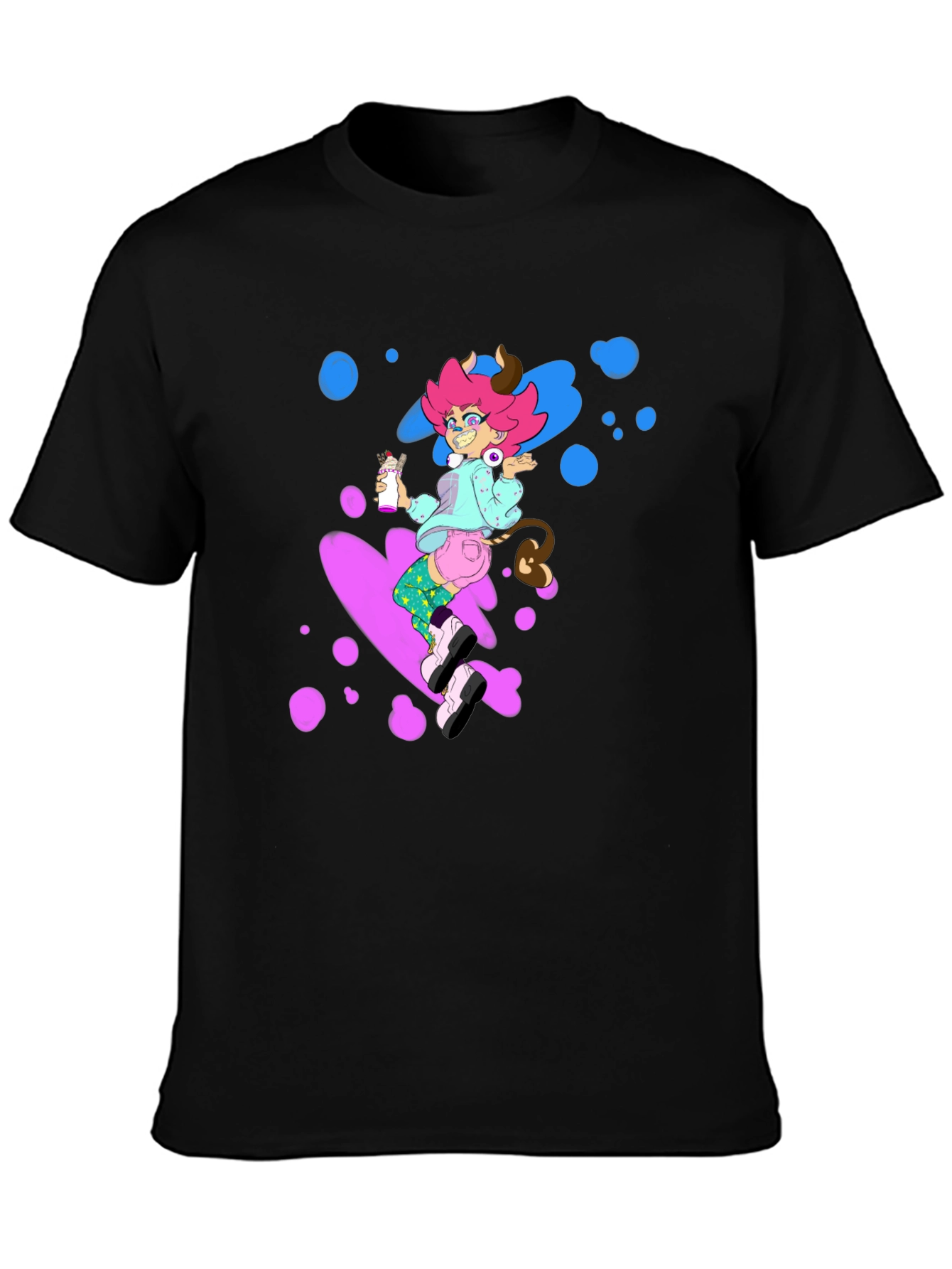 Pink Haired Cowgirl on Black Tee