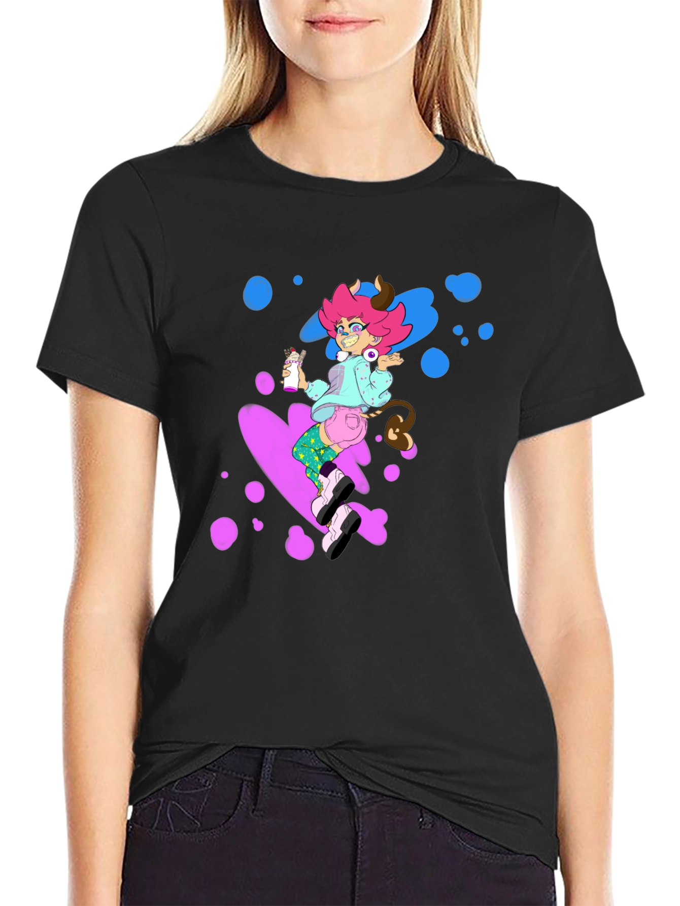 Pink Haired Cowgirl on Black Tee