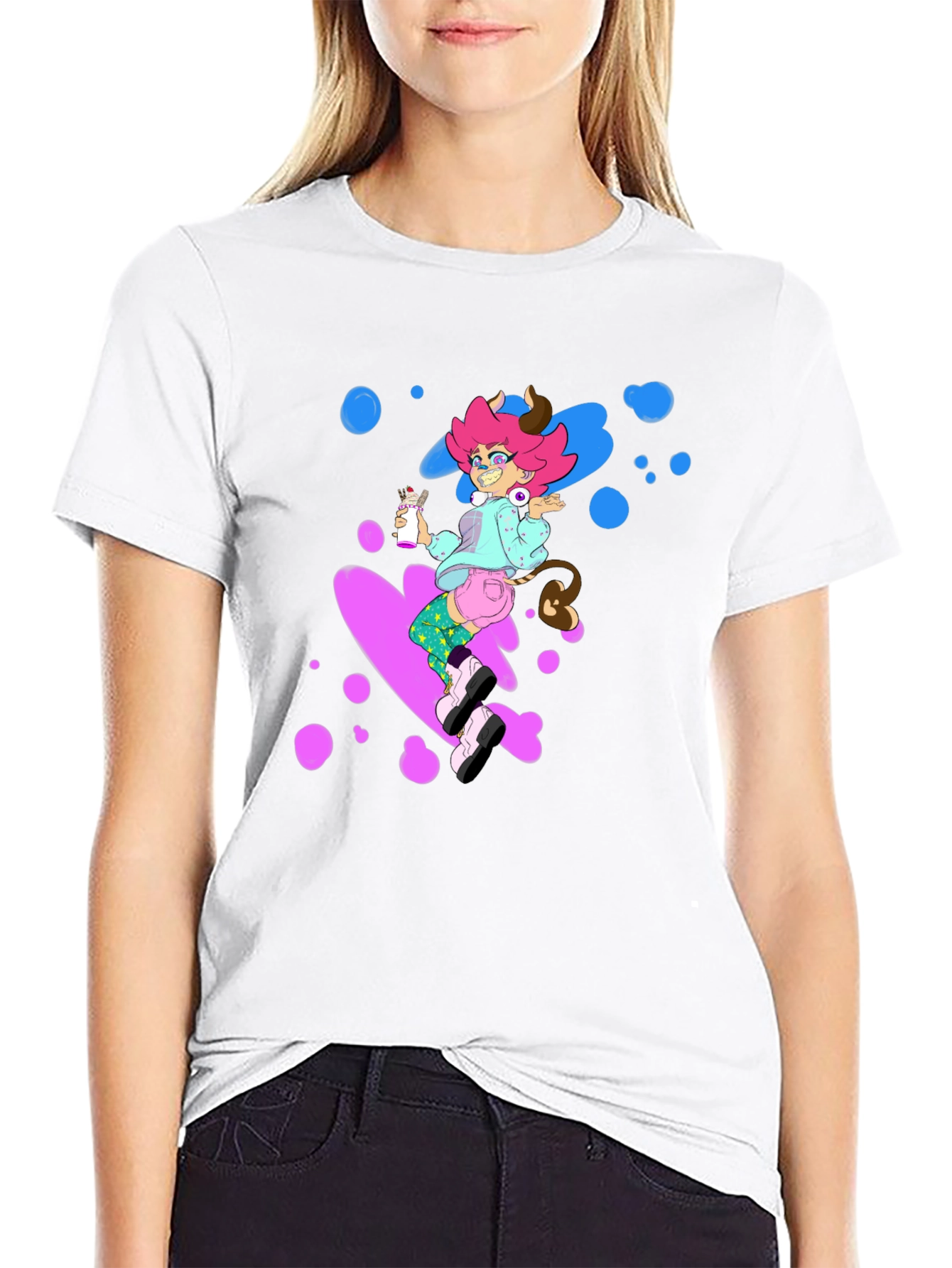 Pink Haired Cowgirl on Black Tee