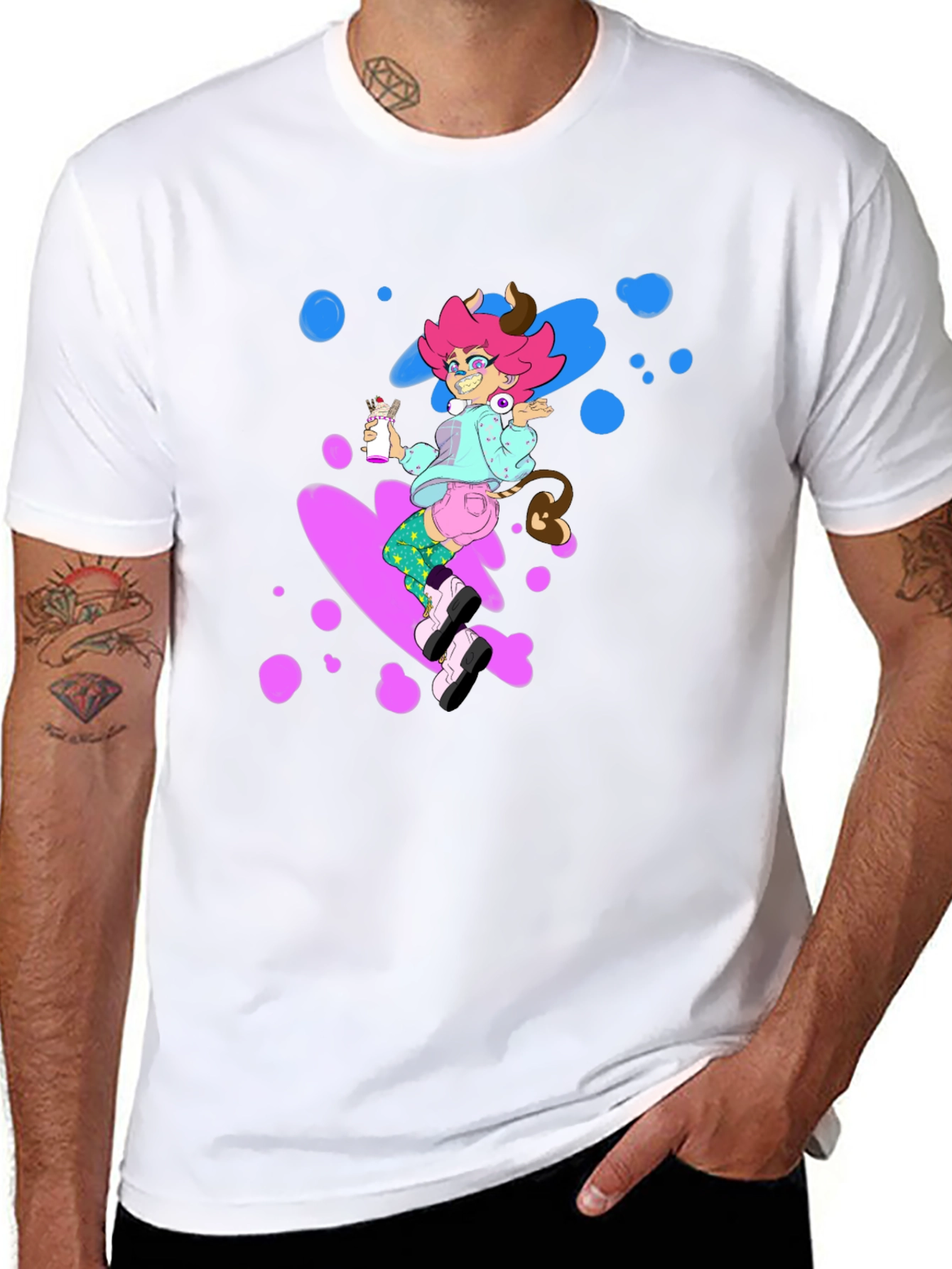 Pink Haired Cowgirl on Black Tee