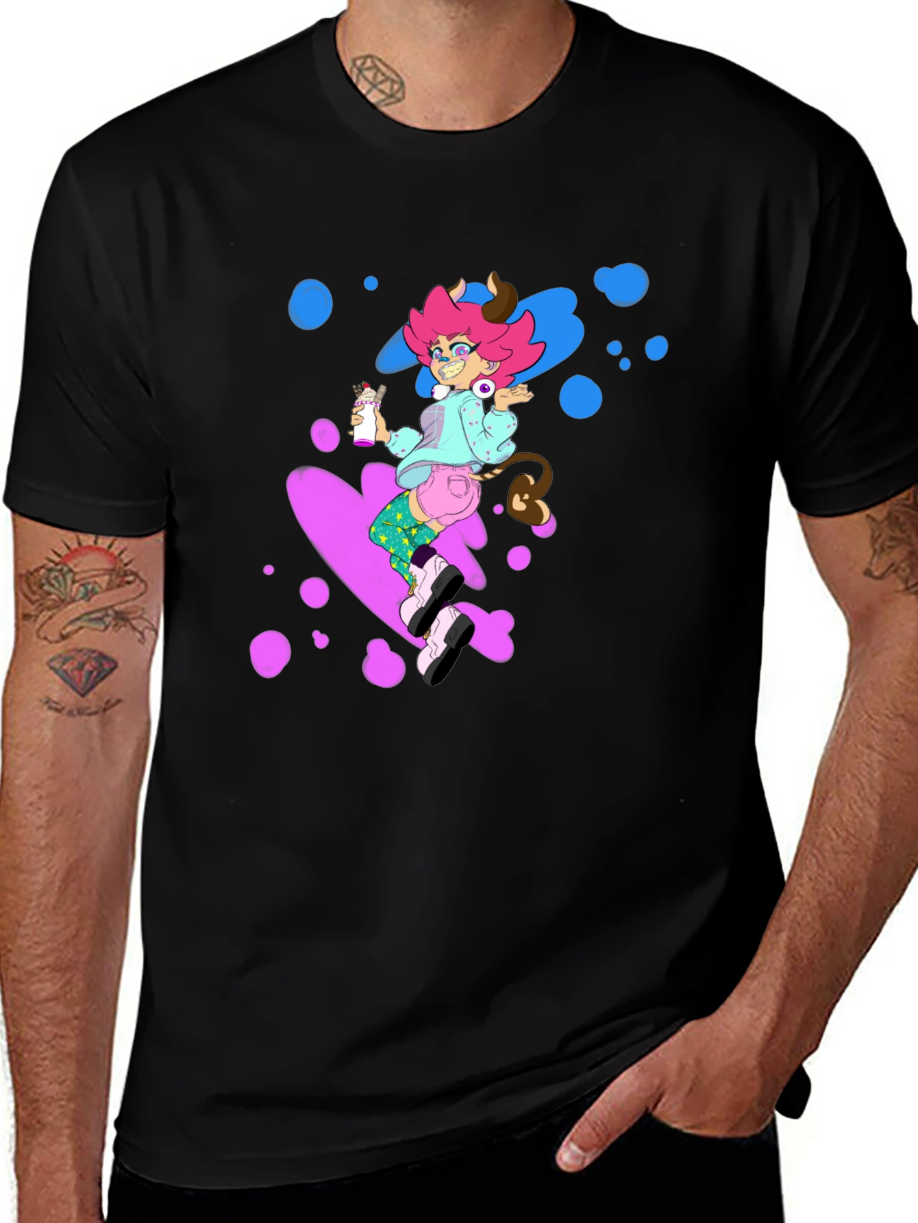 Pink Haired Cowgirl on Black Tee