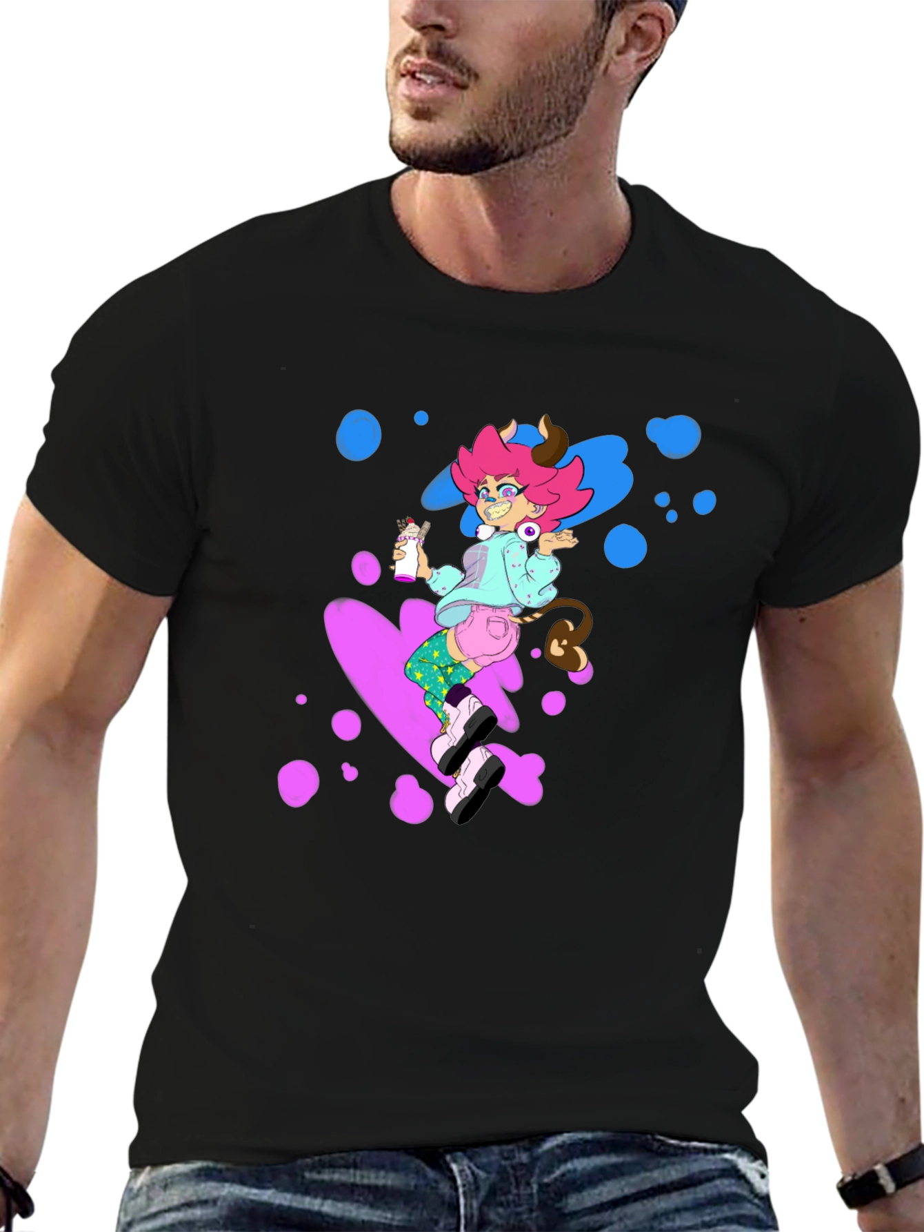 Pink Haired Cowgirl on Black Tee