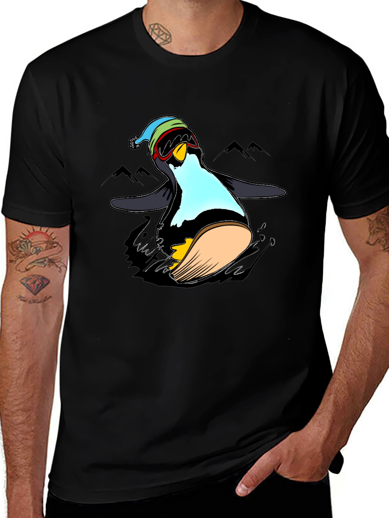 Penguin Skiing Black T-Shirt