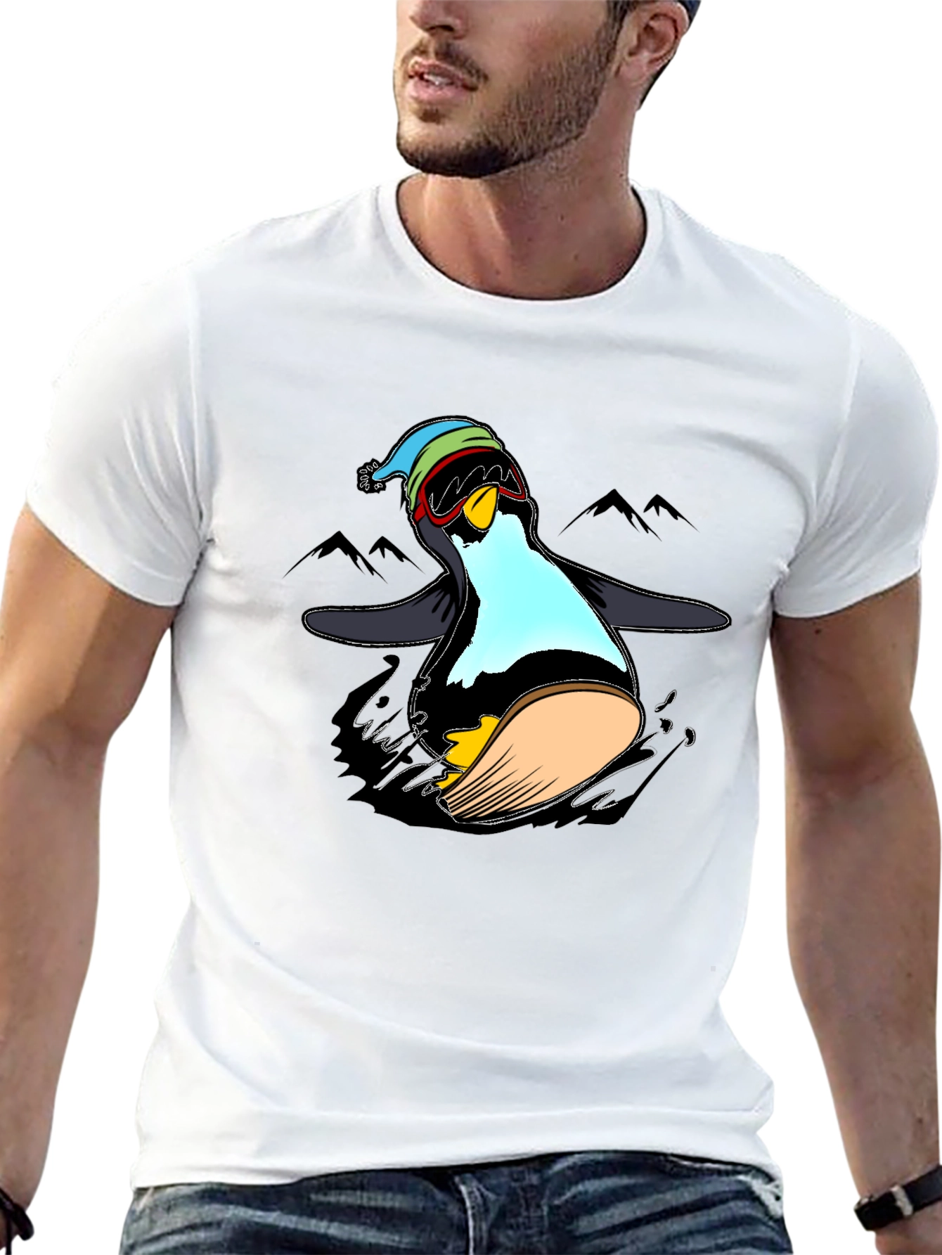 Penguin Skiing Black T-Shirt