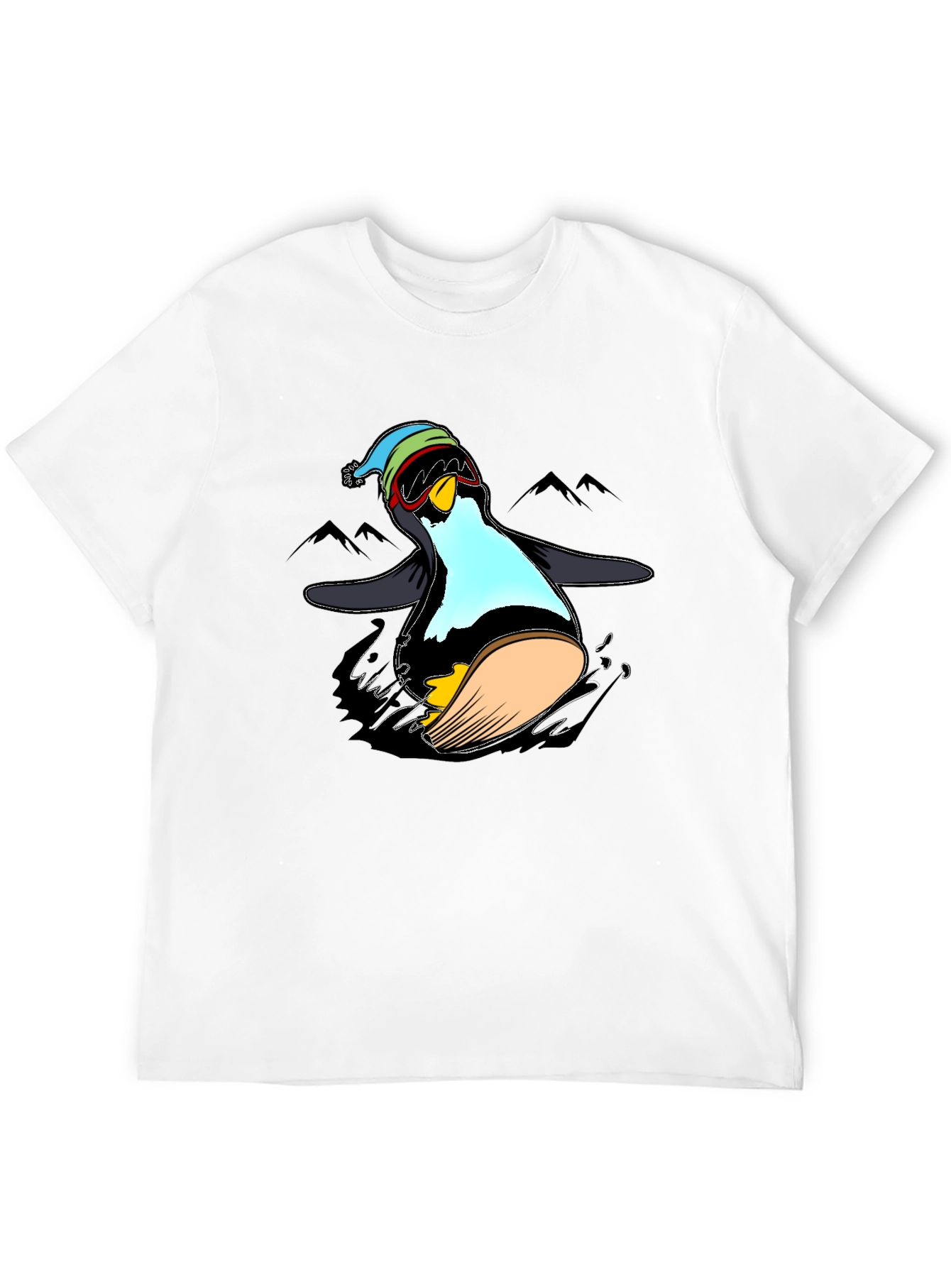 Penguin Skiing Black T-Shirt