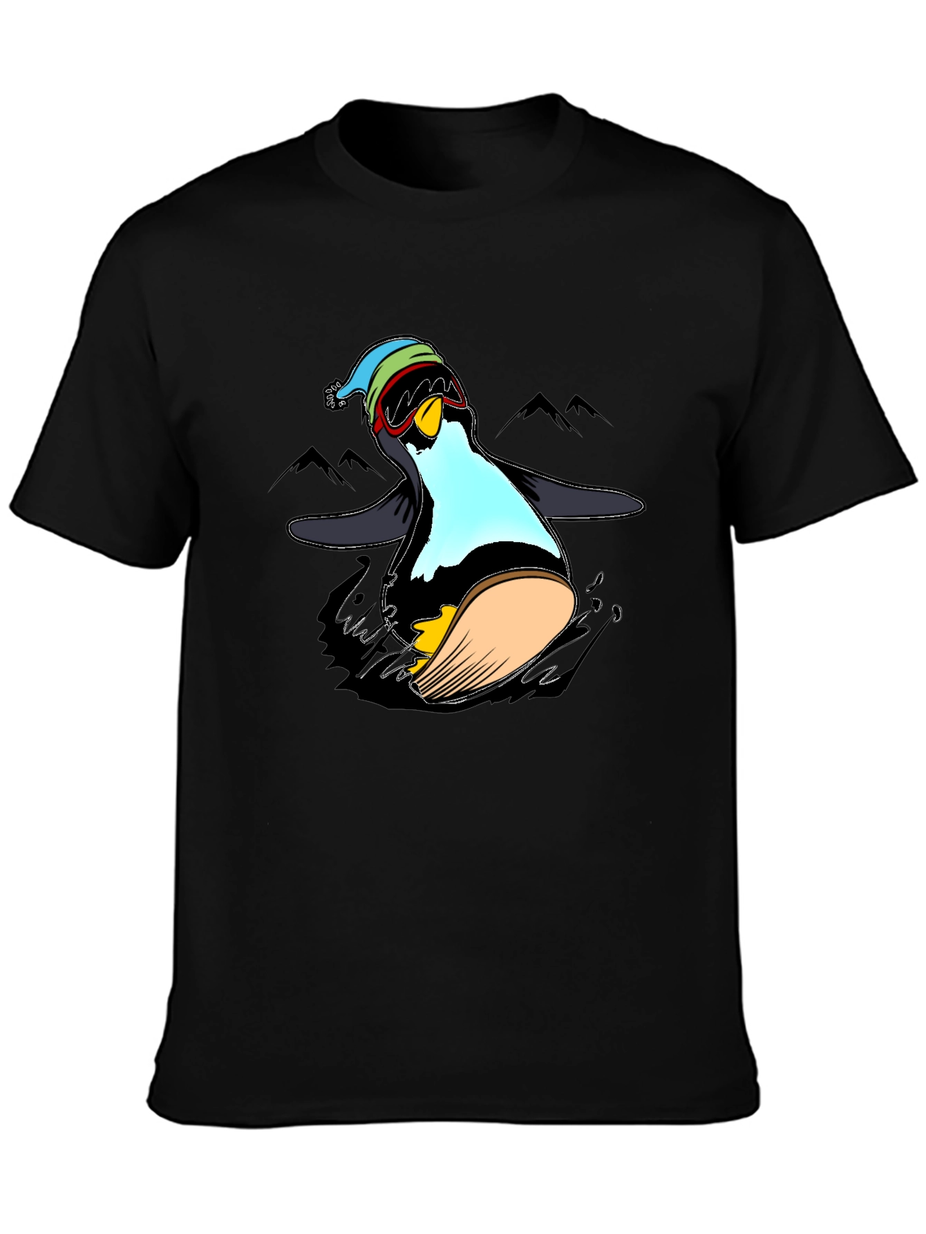 Penguin Skiing Black T-Shirt