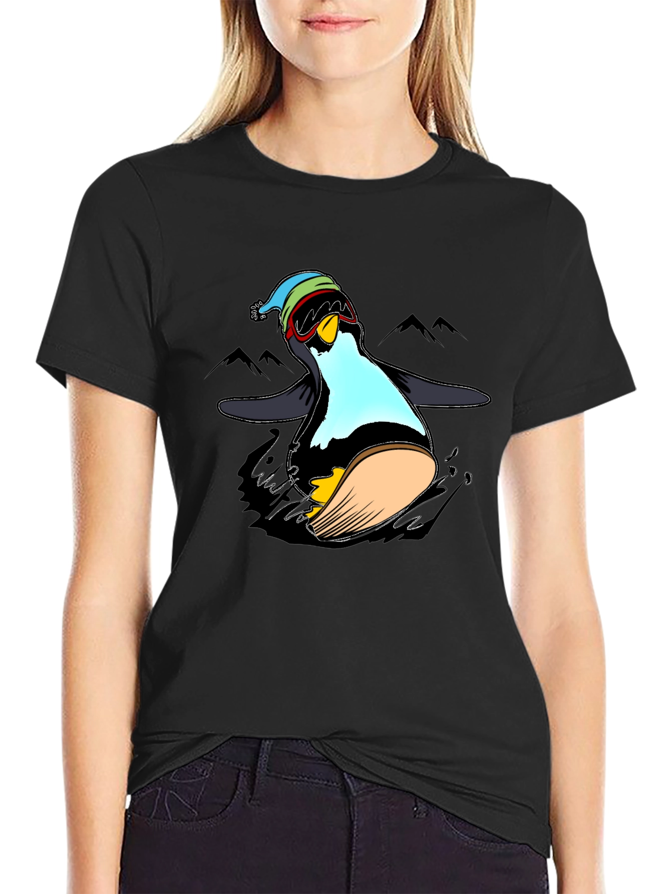 Penguin Skiing Black T-Shirt