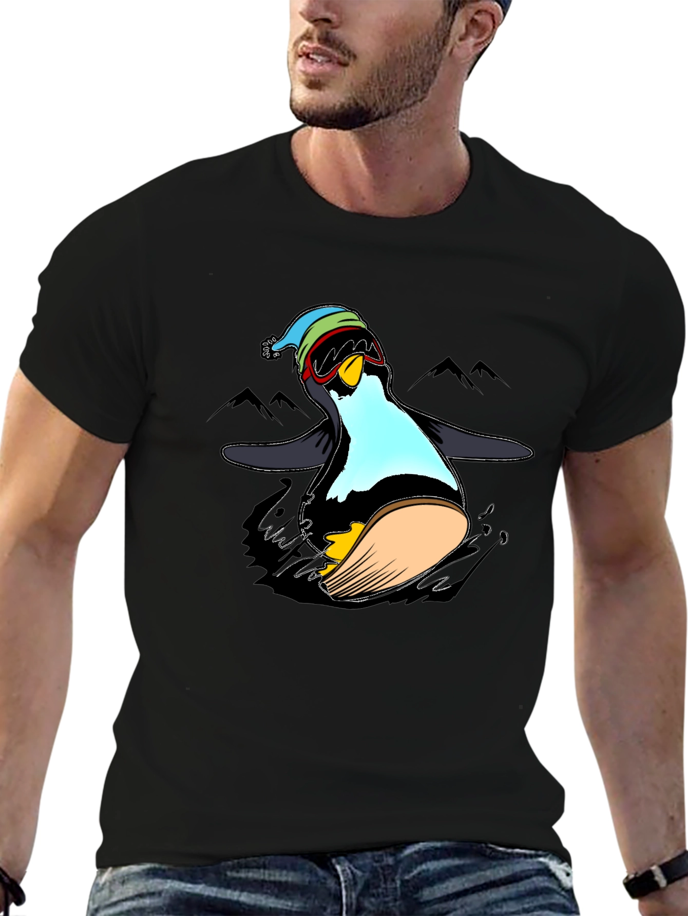 Penguin Skiing Black T-Shirt