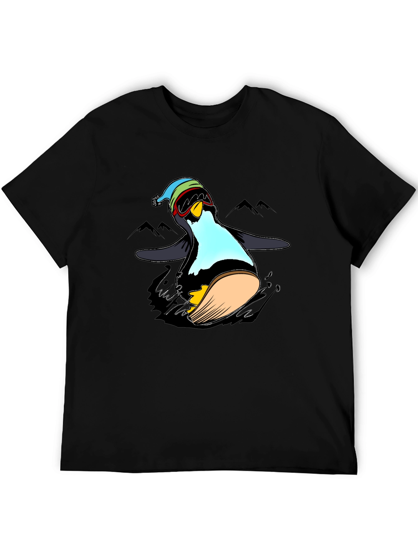Penguin Skiing Black T-Shirt