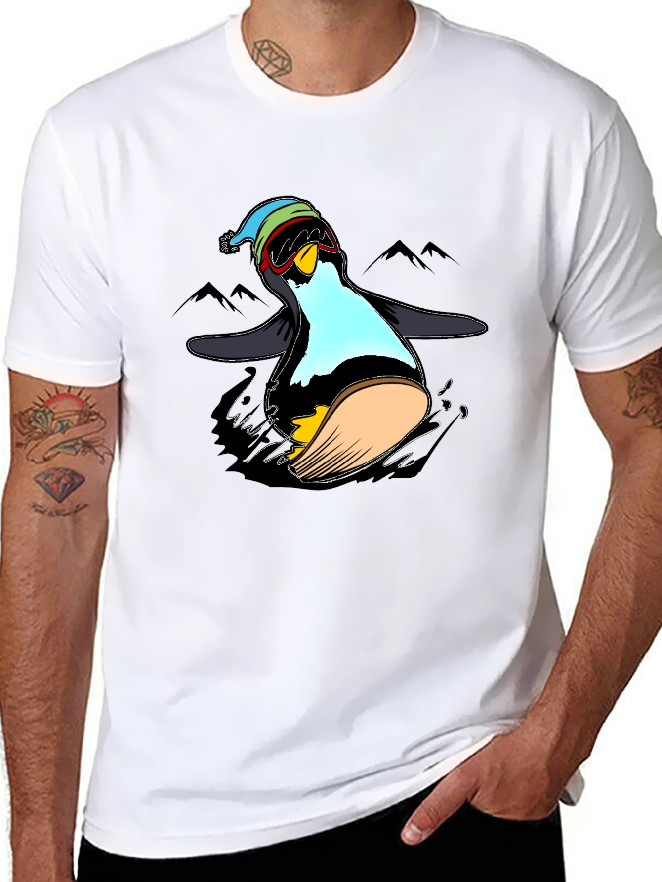 Penguin Skiing Black T-Shirt