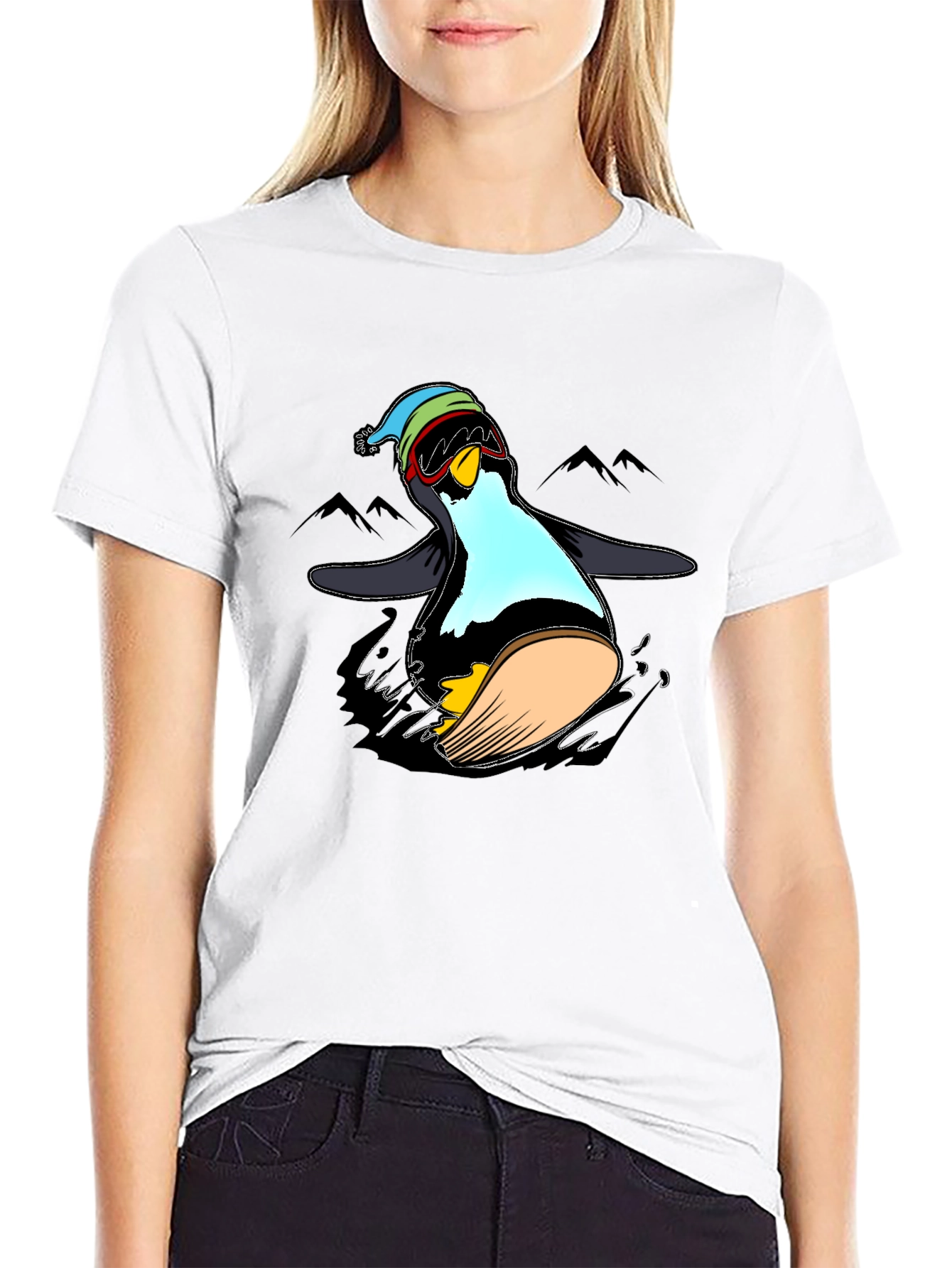 Penguin Skiing Black T-Shirt