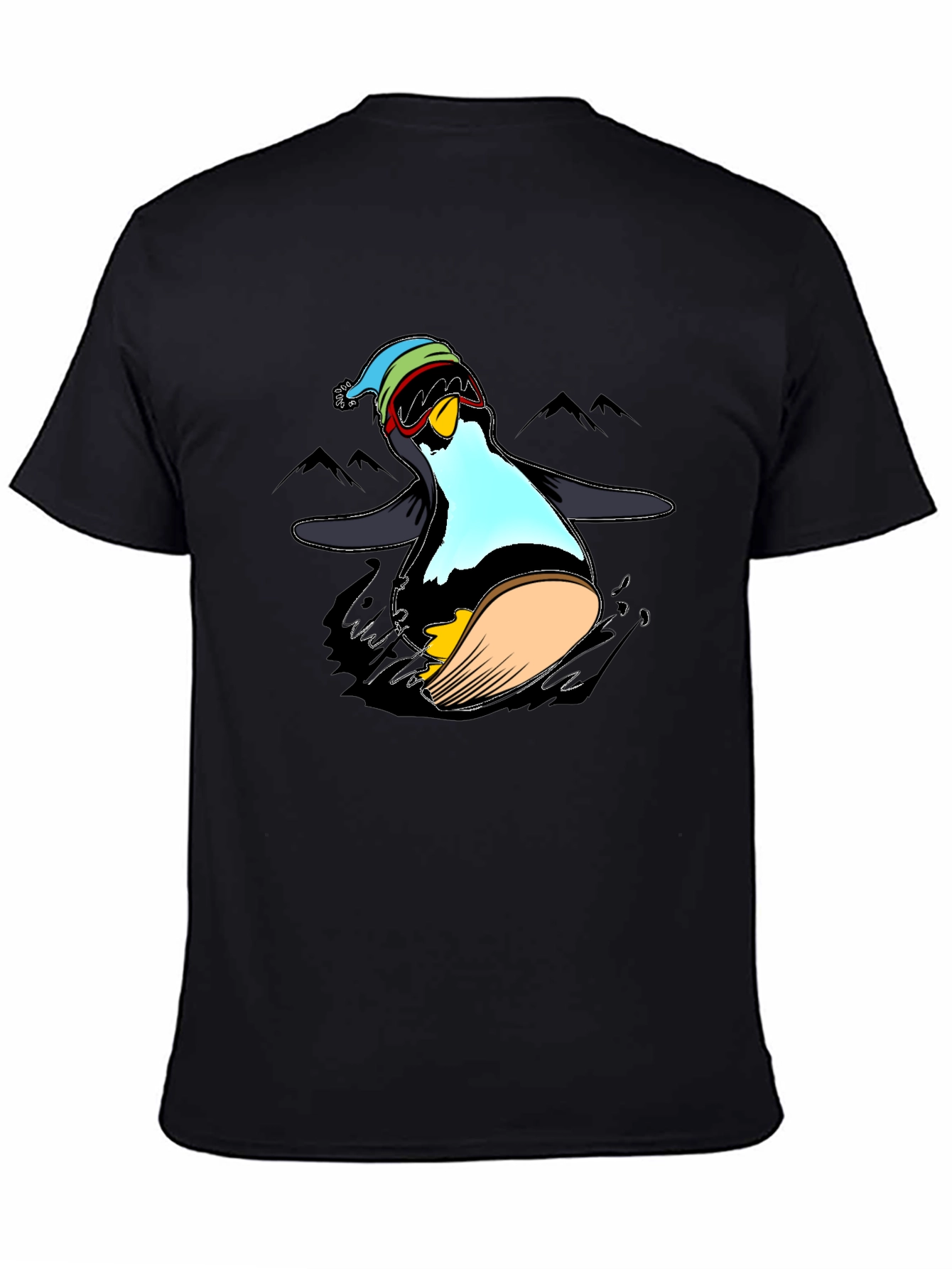 Penguin Skiing Black T-Shirt