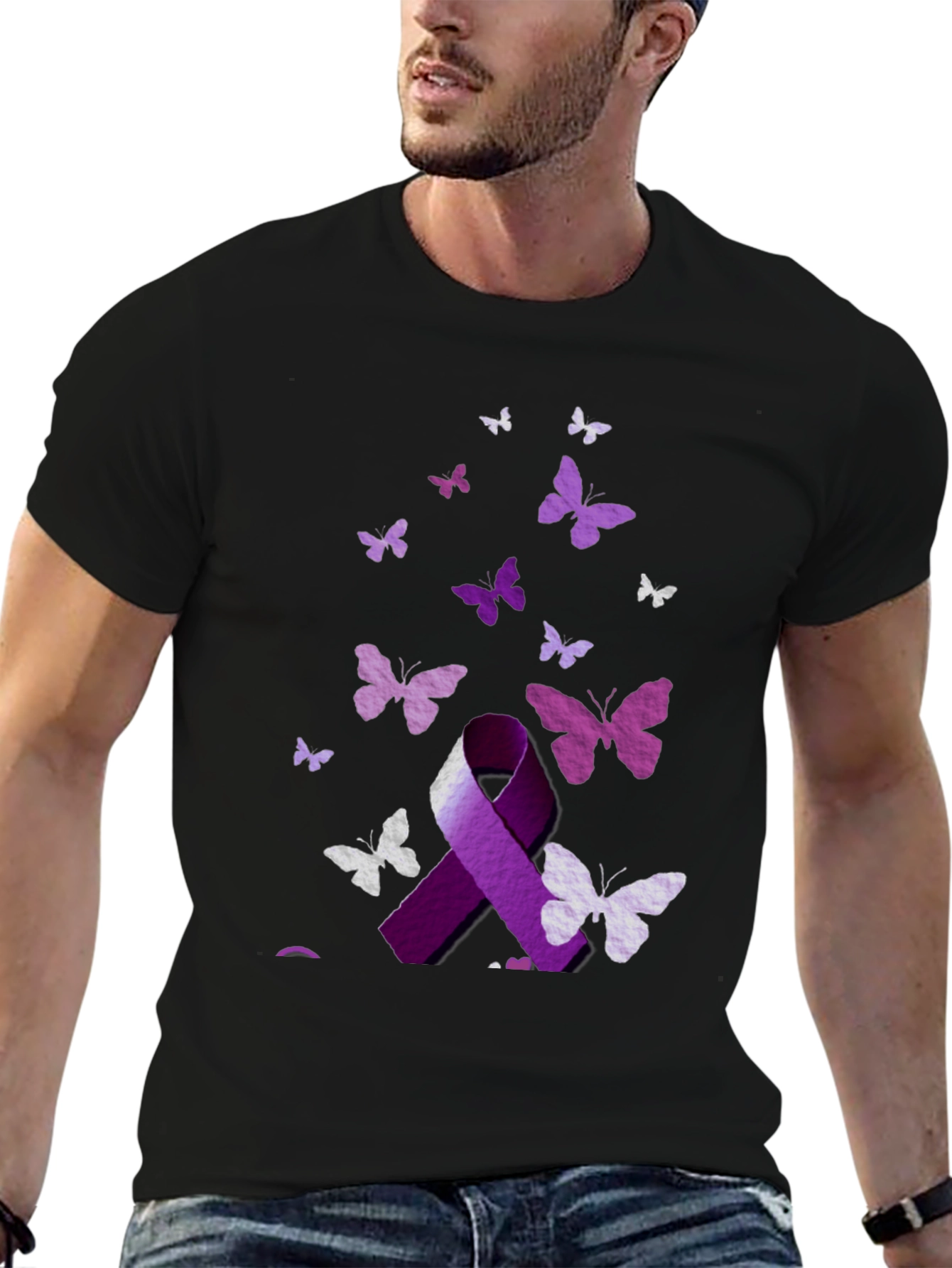 Purple Ribbon Butterfly Graphic T-Shirt