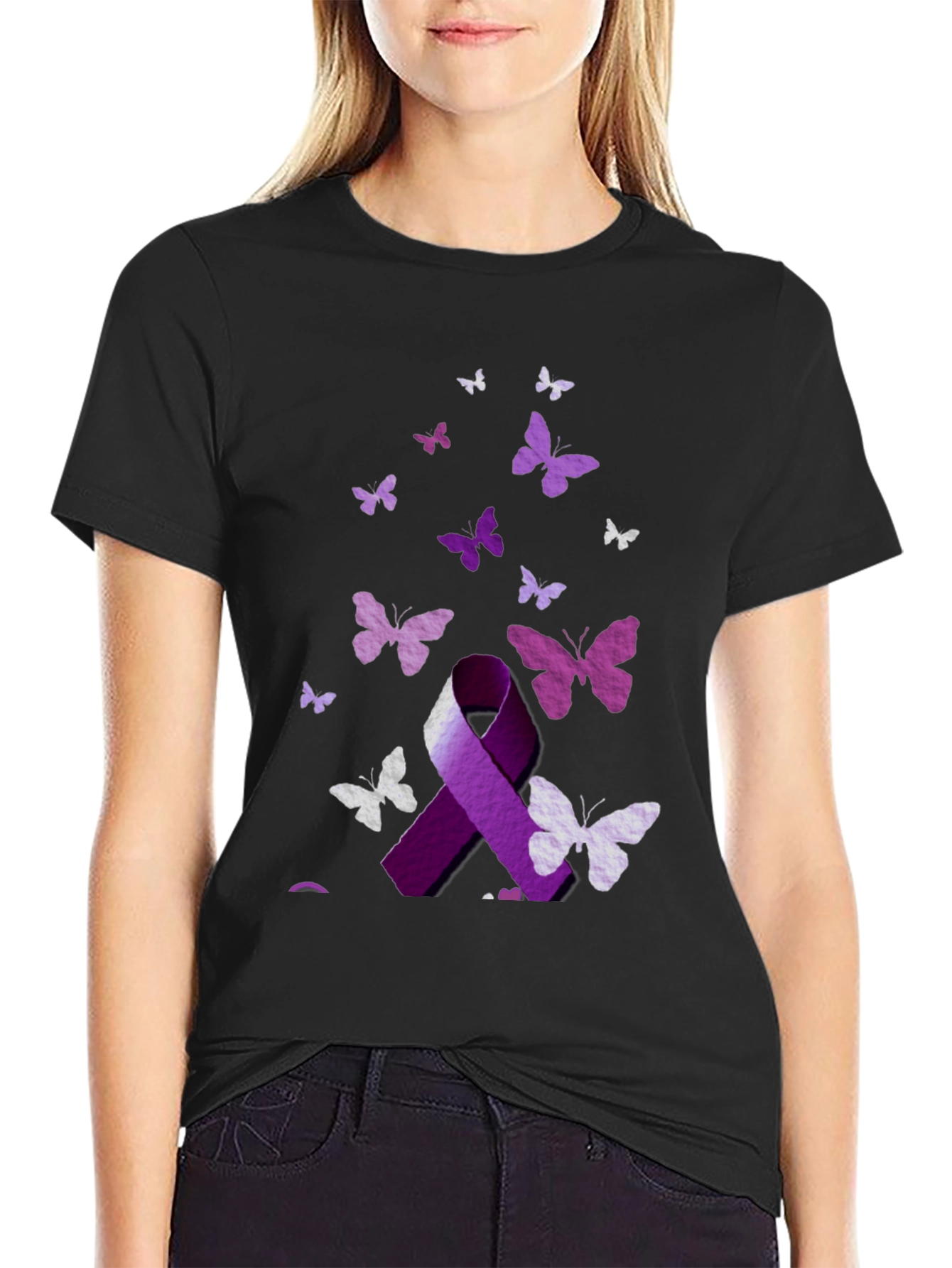 Purple Ribbon Butterfly Graphic T-Shirt