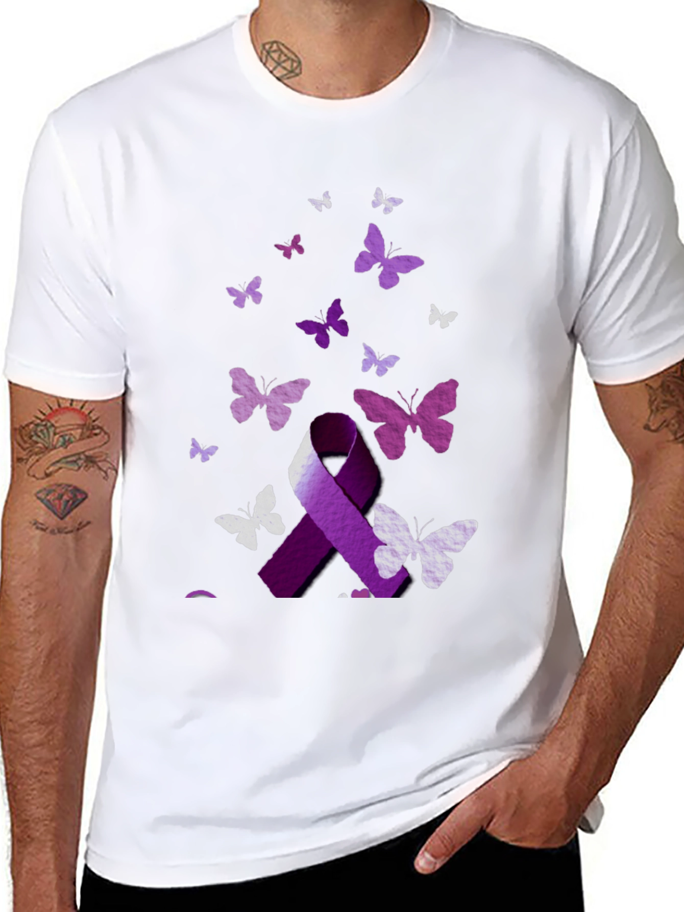 Purple Ribbon Butterfly Graphic T-Shirt
