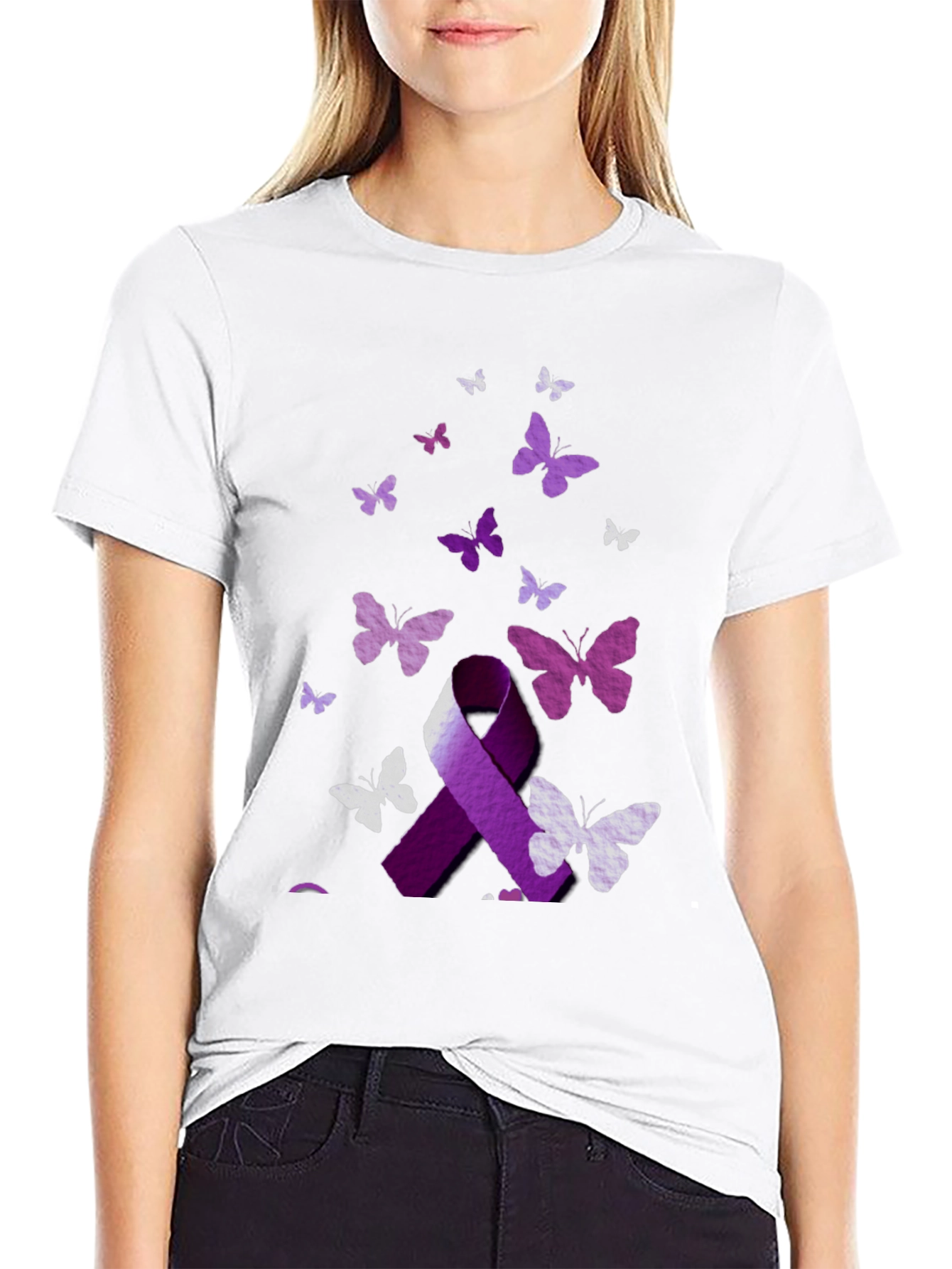 Purple Ribbon Butterfly Graphic T-Shirt