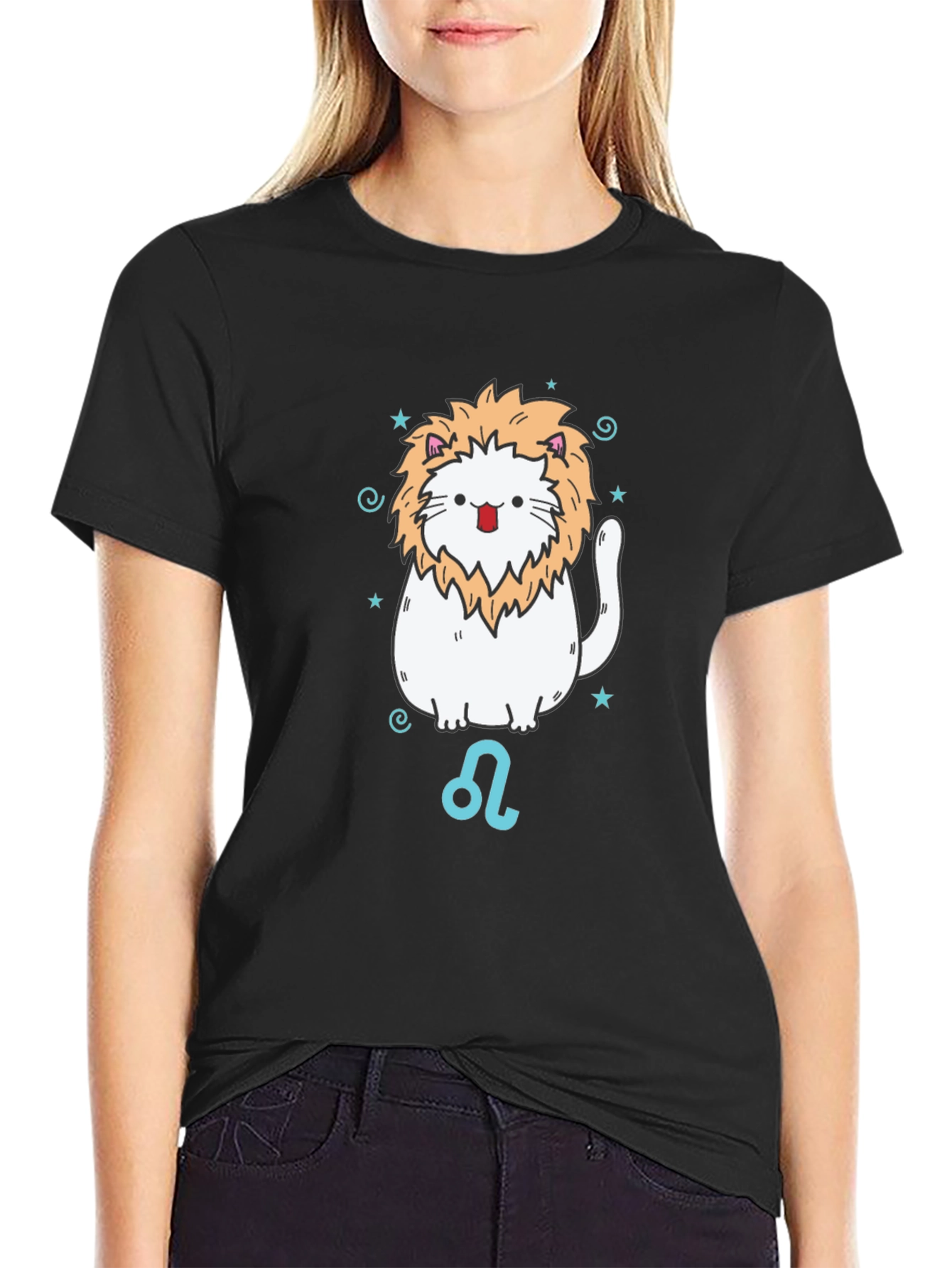 Leo Zodiac Cat T-Shirt - Black Cotton Tee