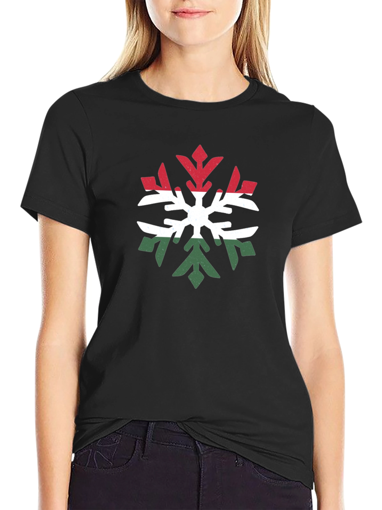 Hungary Flag Snowflake T-Shirt - Black
