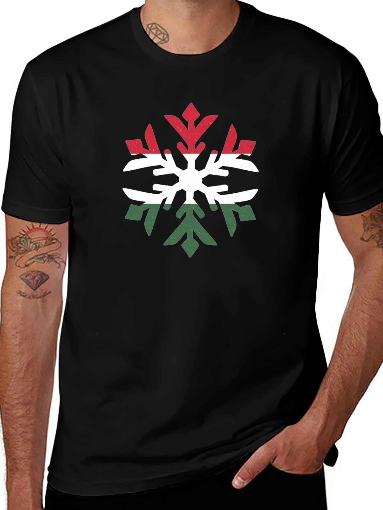 Hungary Flag Snowflake T-Shirt - Black