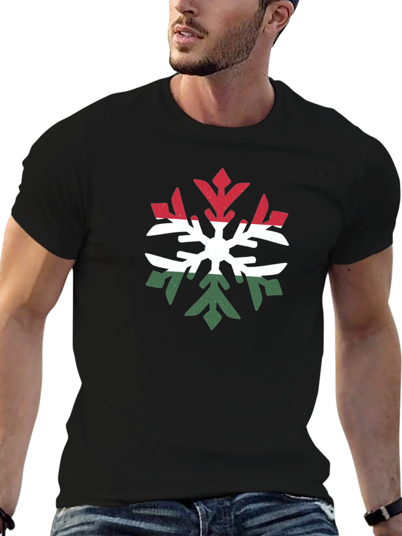 Hungary Flag Snowflake T-Shirt - Black