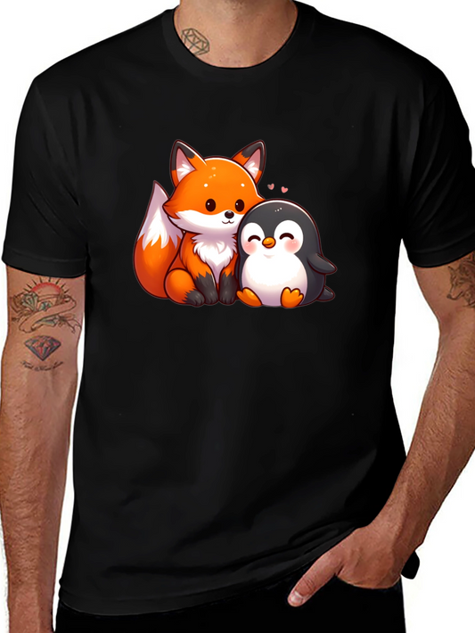 Cute Fox & Penguin Graphic Tee - Soft Black T-Shirt