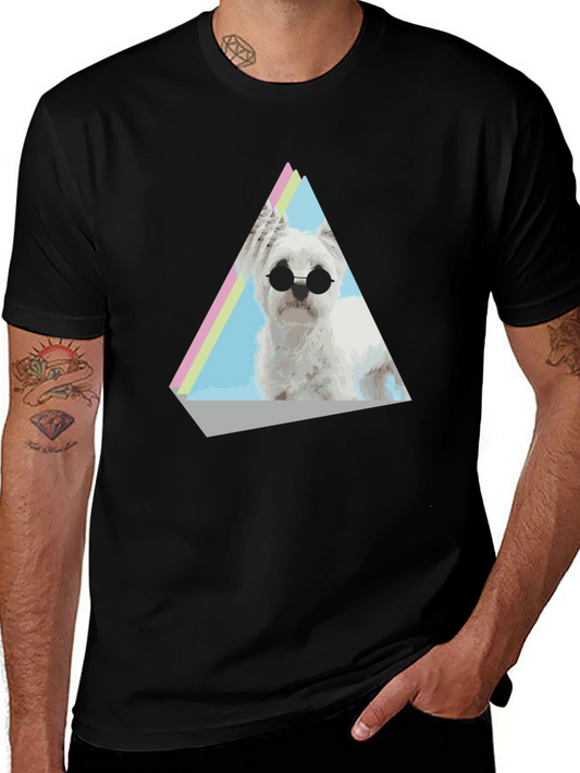 Dog Graphic Tee - Retro Triangle Design - Black T-Shirt