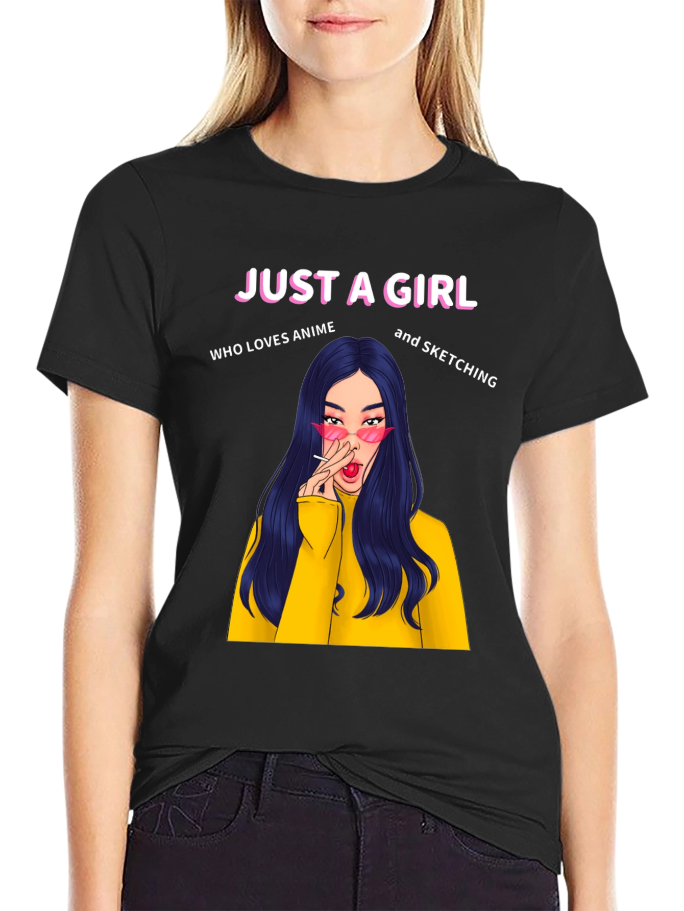 Just A Girl Anime Sketching Black T-Shirt
