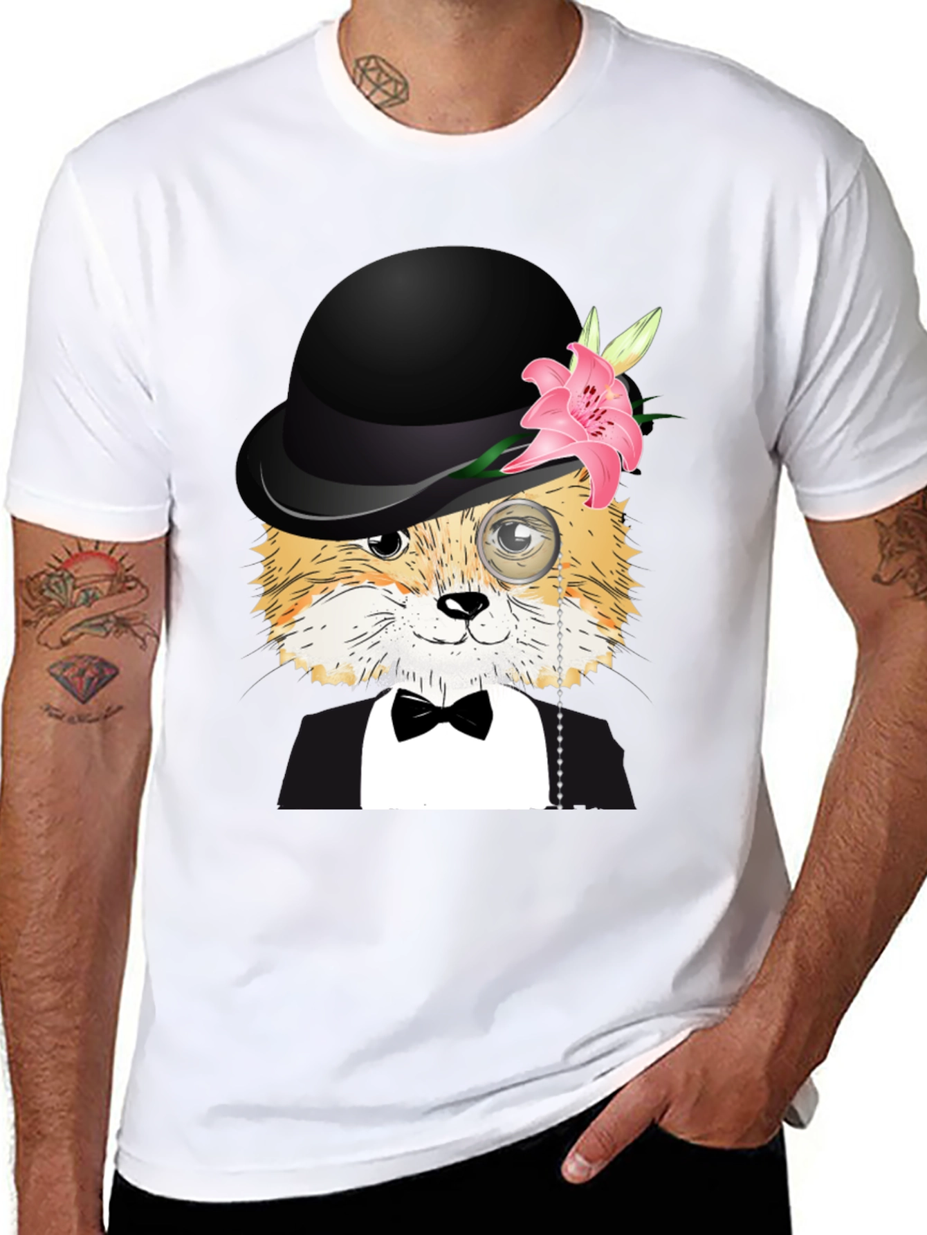 Dapper Fox T-Shirt: Bowler Hat Monocle & Bowtie!
