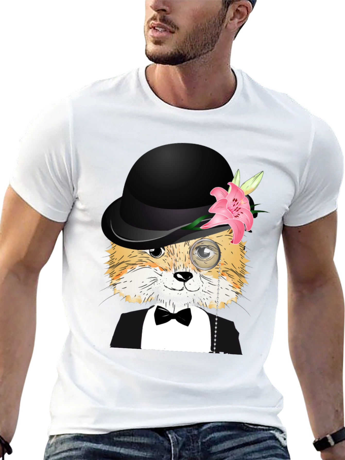 Dapper Fox T-Shirt: Bowler Hat Monocle & Bowtie!