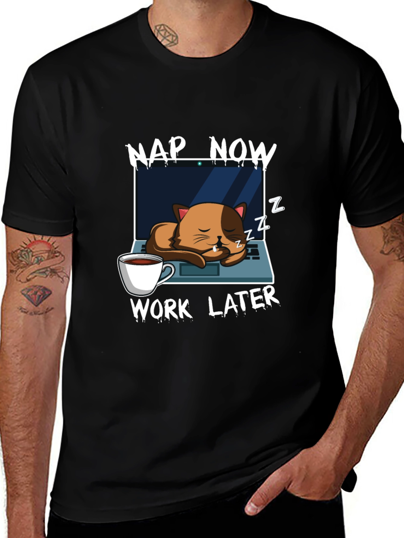 Nap Now Work Later Cat Laptop T-Shirt