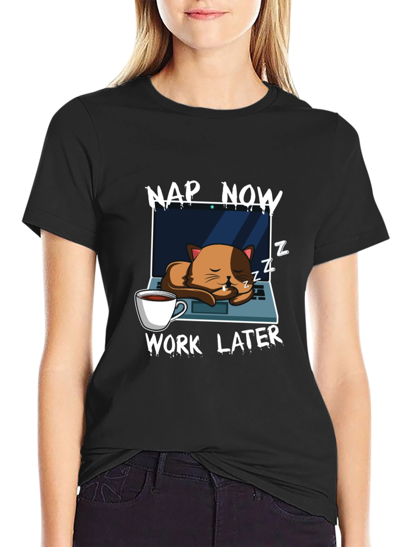 Nap Now Work Later Cat Laptop T-Shirt