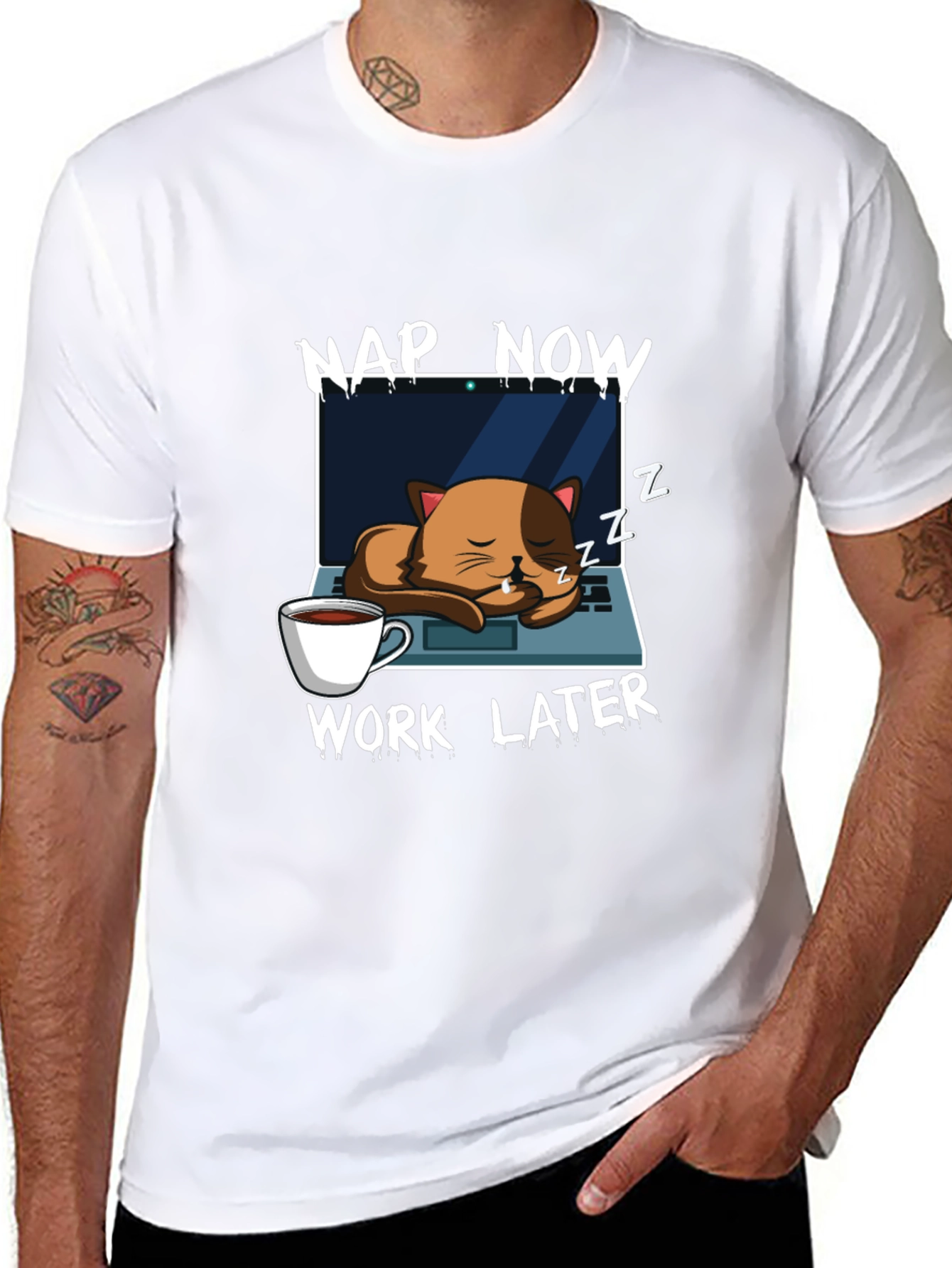 Nap Now Work Later Cat Laptop T-Shirt