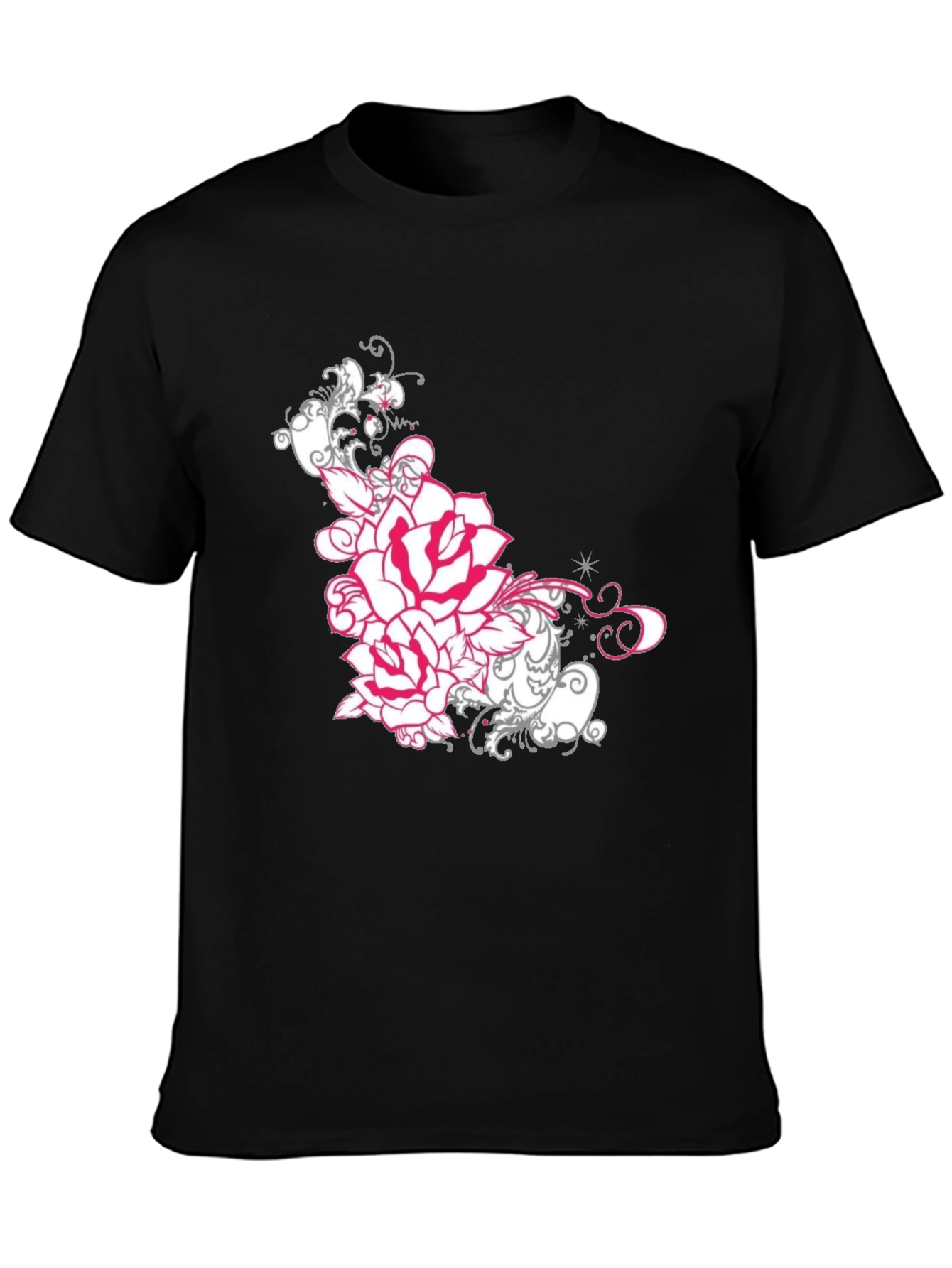 Floral Rose Graphic Tee - Black Cotton T-Shirt