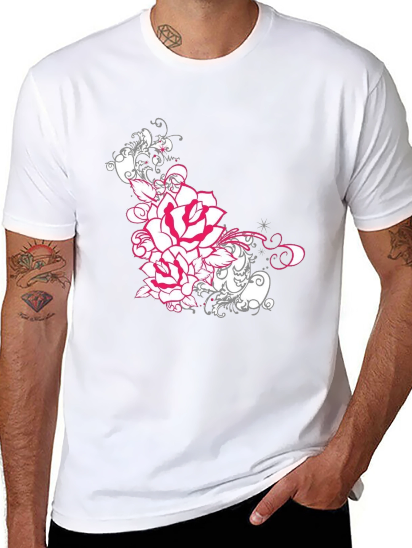 Floral Rose Graphic Tee - Black Cotton T-Shirt