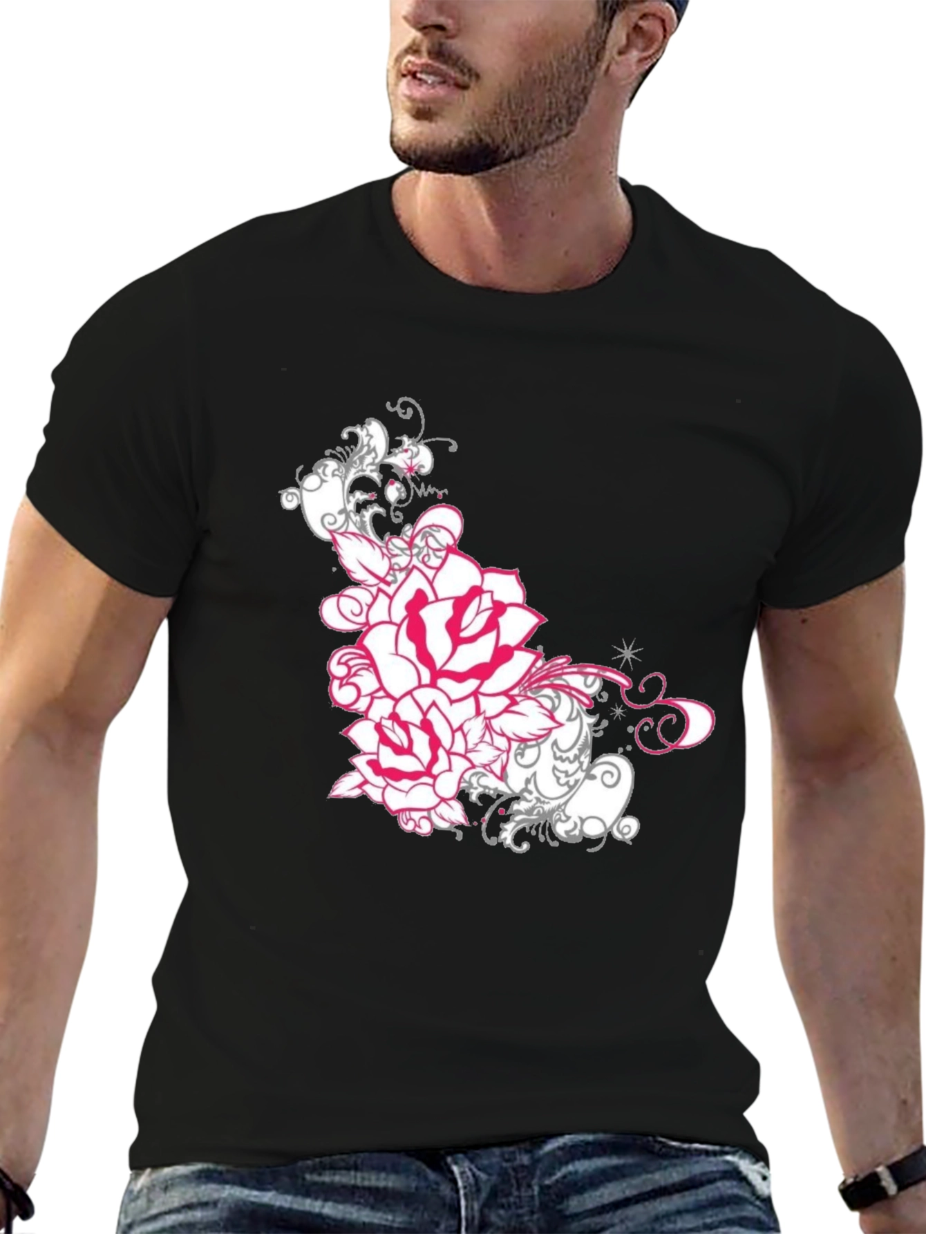 Floral Rose Graphic Tee - Black Cotton T-Shirt