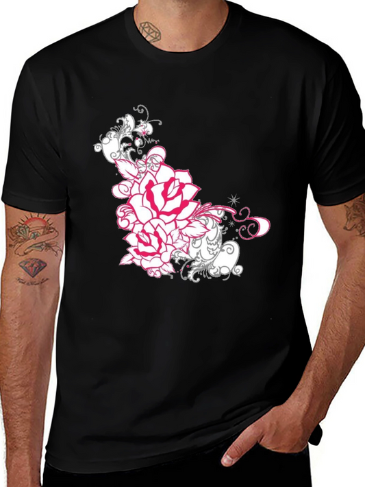 Floral Rose Graphic Tee - Black Cotton T-Shirt