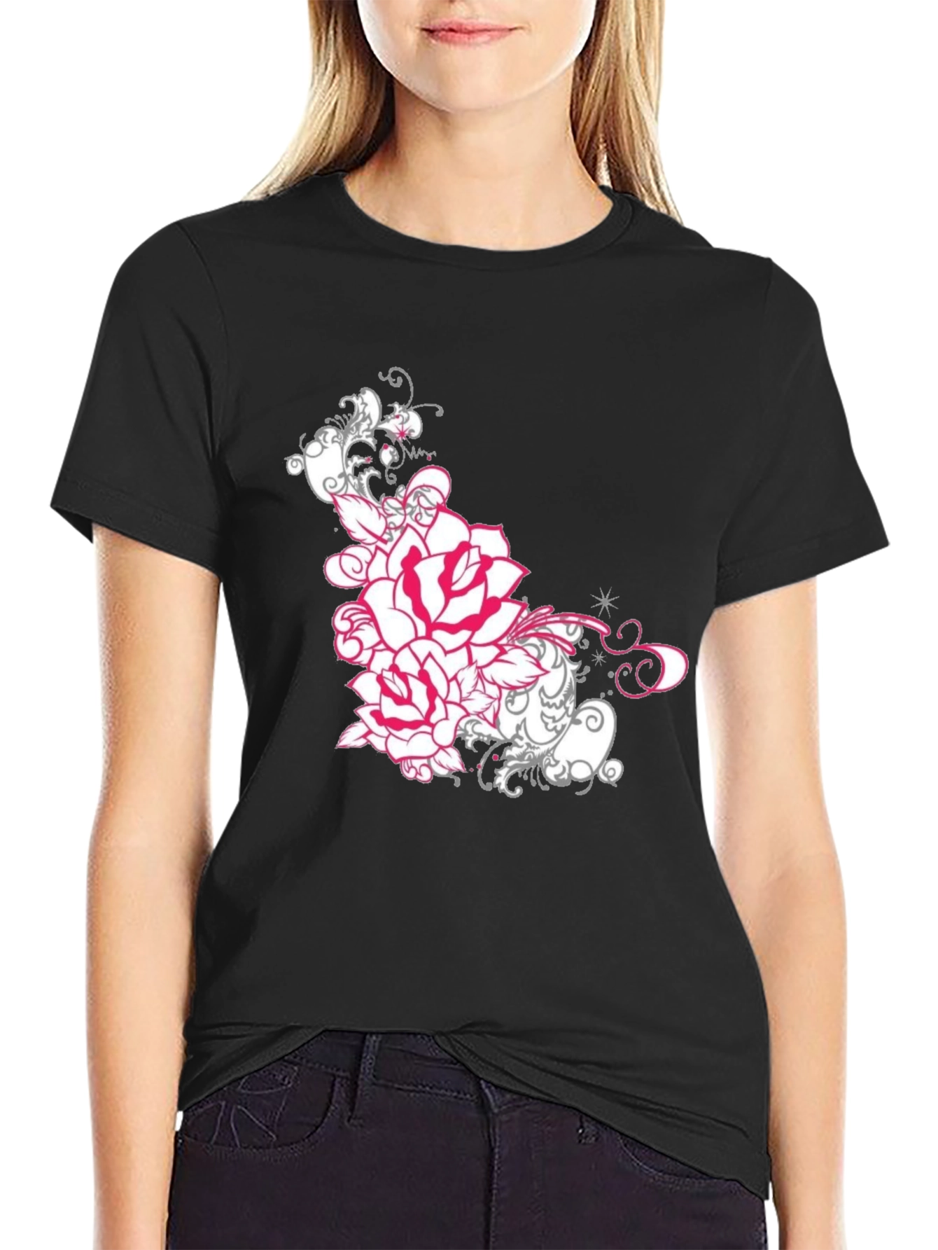 Floral Rose Graphic Tee - Black Cotton T-Shirt