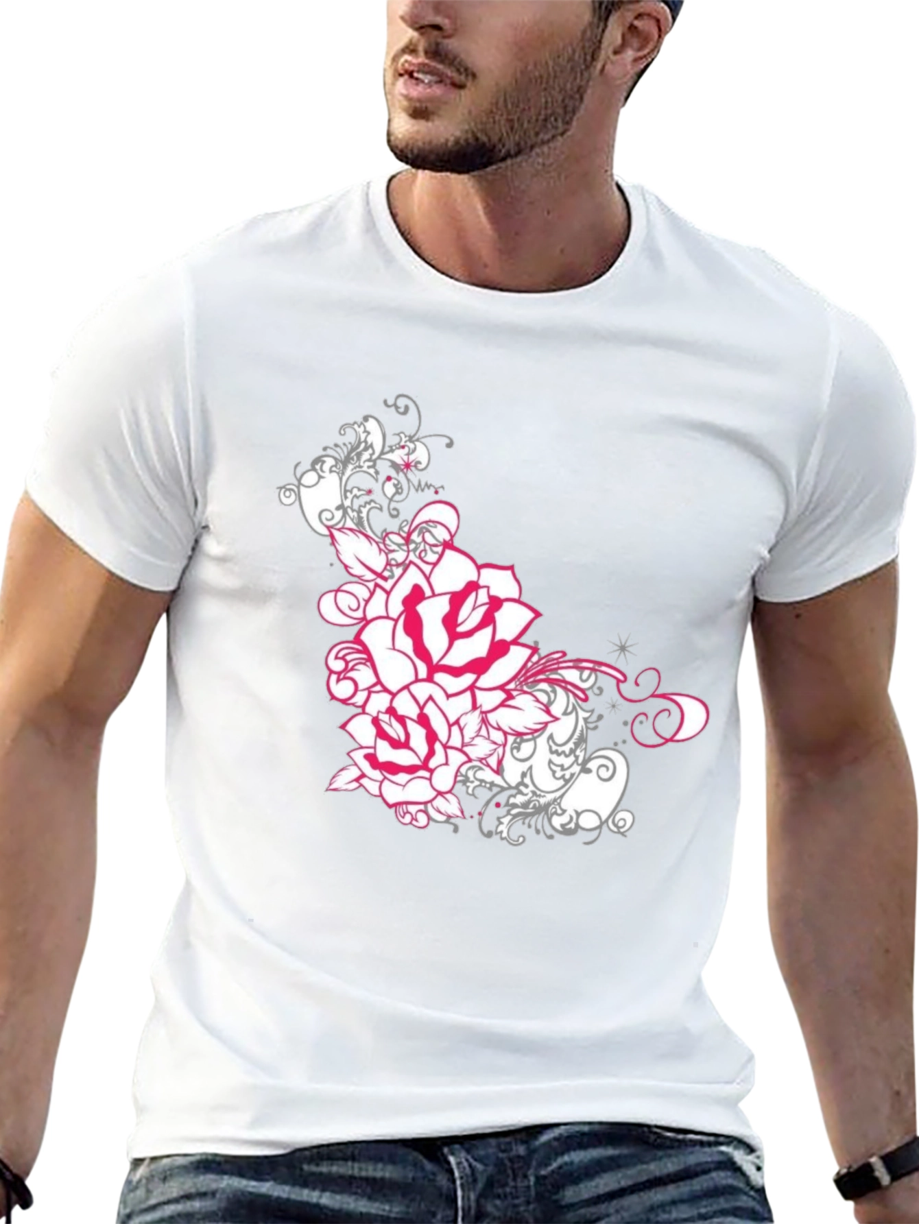Floral Rose Graphic Tee - Black Cotton T-Shirt