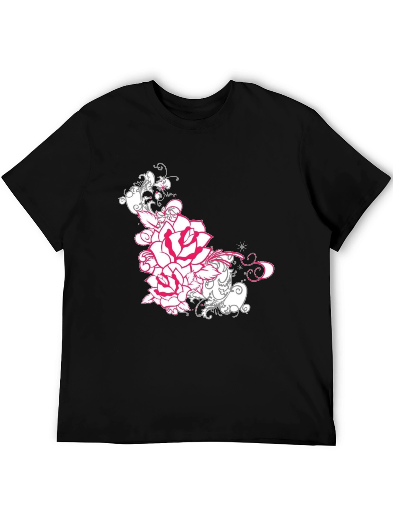 Floral Rose Graphic Tee - Black Cotton T-Shirt