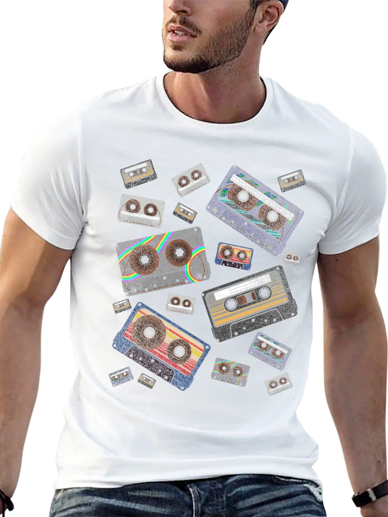 Retro Cassette Tape Pattern Black T-Shirt