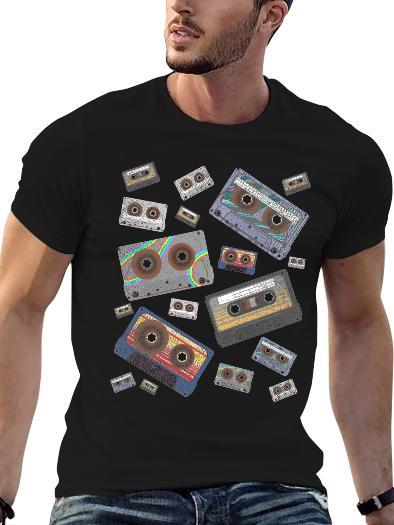Retro Cassette Tape Pattern Black T-Shirt