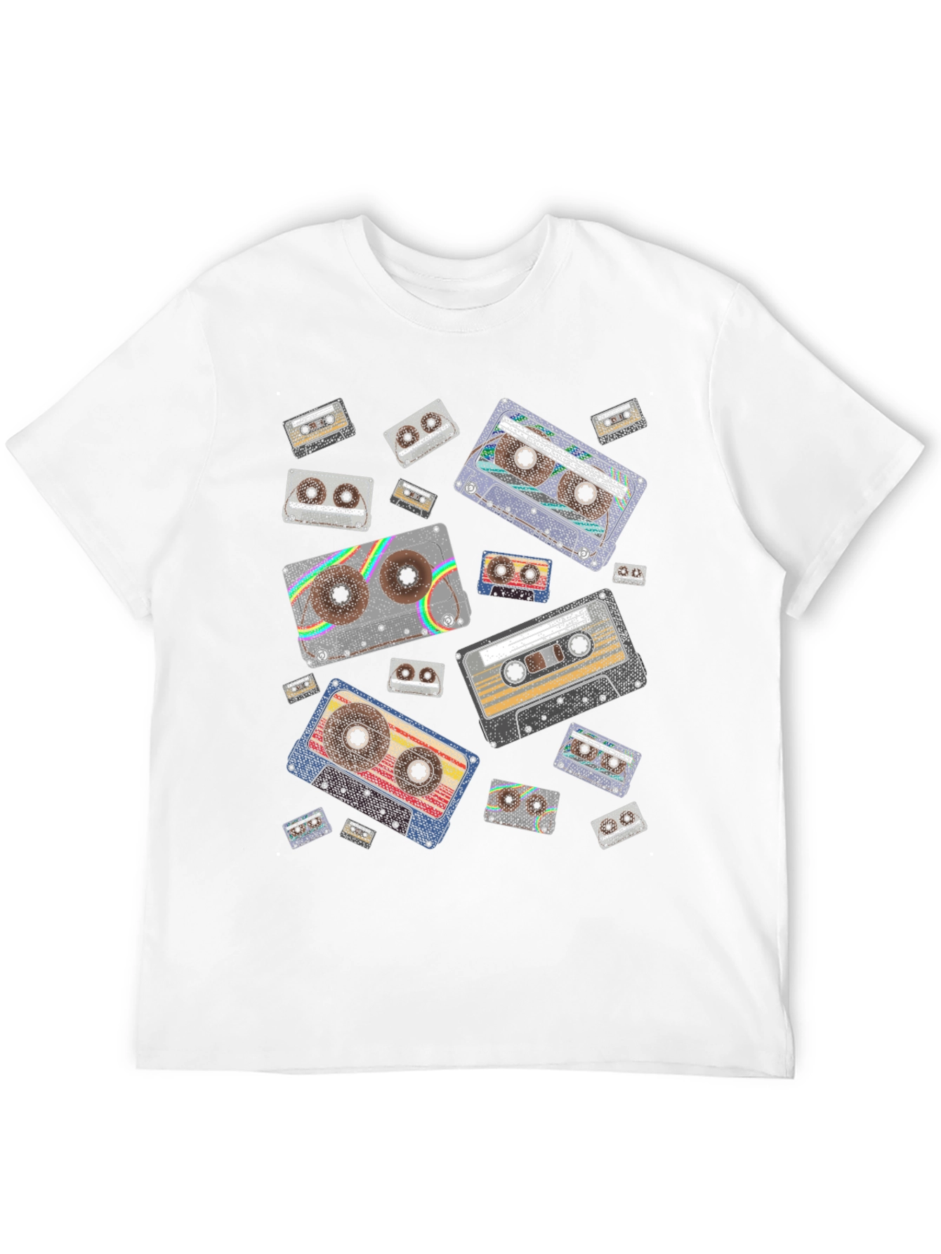 Retro Cassette Tape Pattern Black T-Shirt