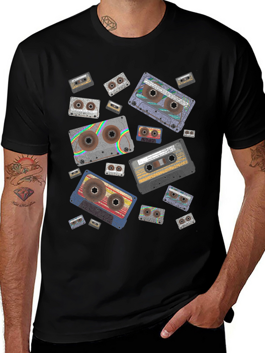 Retro Cassette Tape Pattern Black T-Shirt