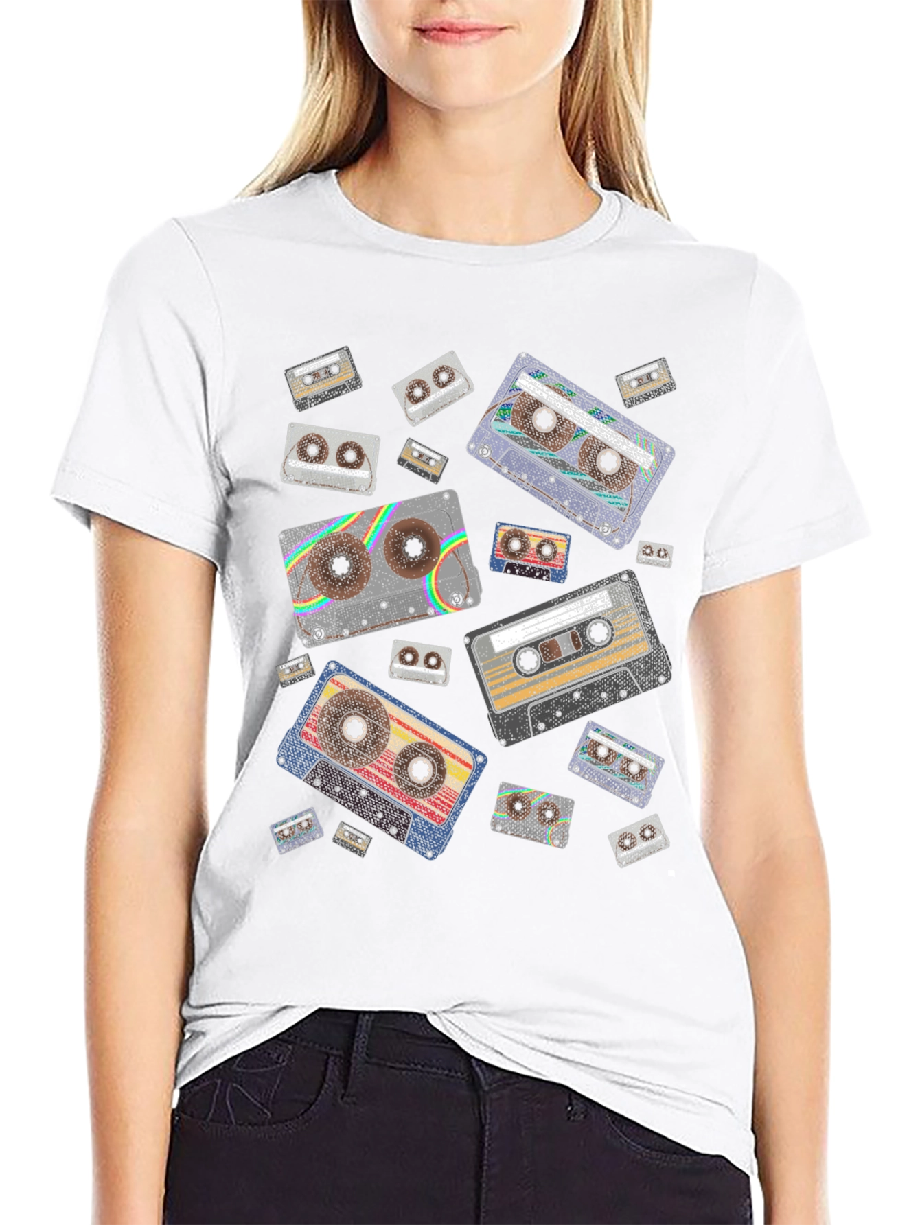 Retro Cassette Tape Pattern Black T-Shirt