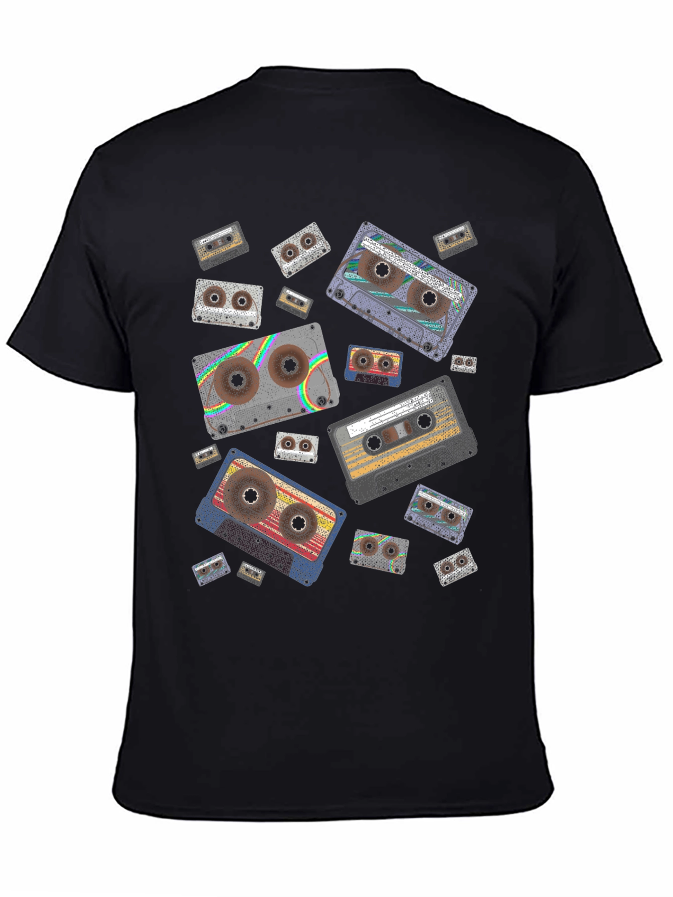 Retro Cassette Tape Pattern Black T-Shirt