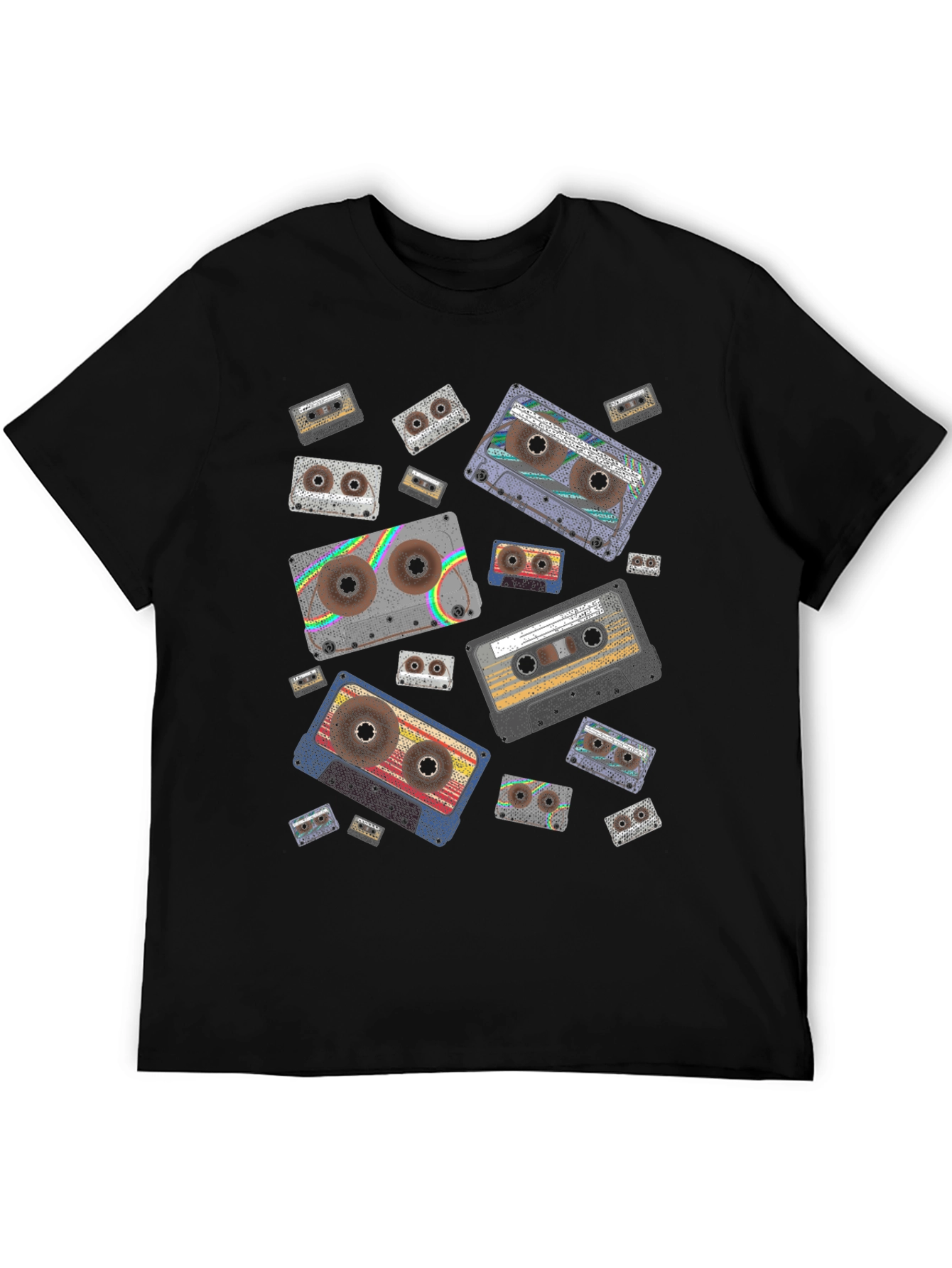 Retro Cassette Tape Pattern Black T-Shirt