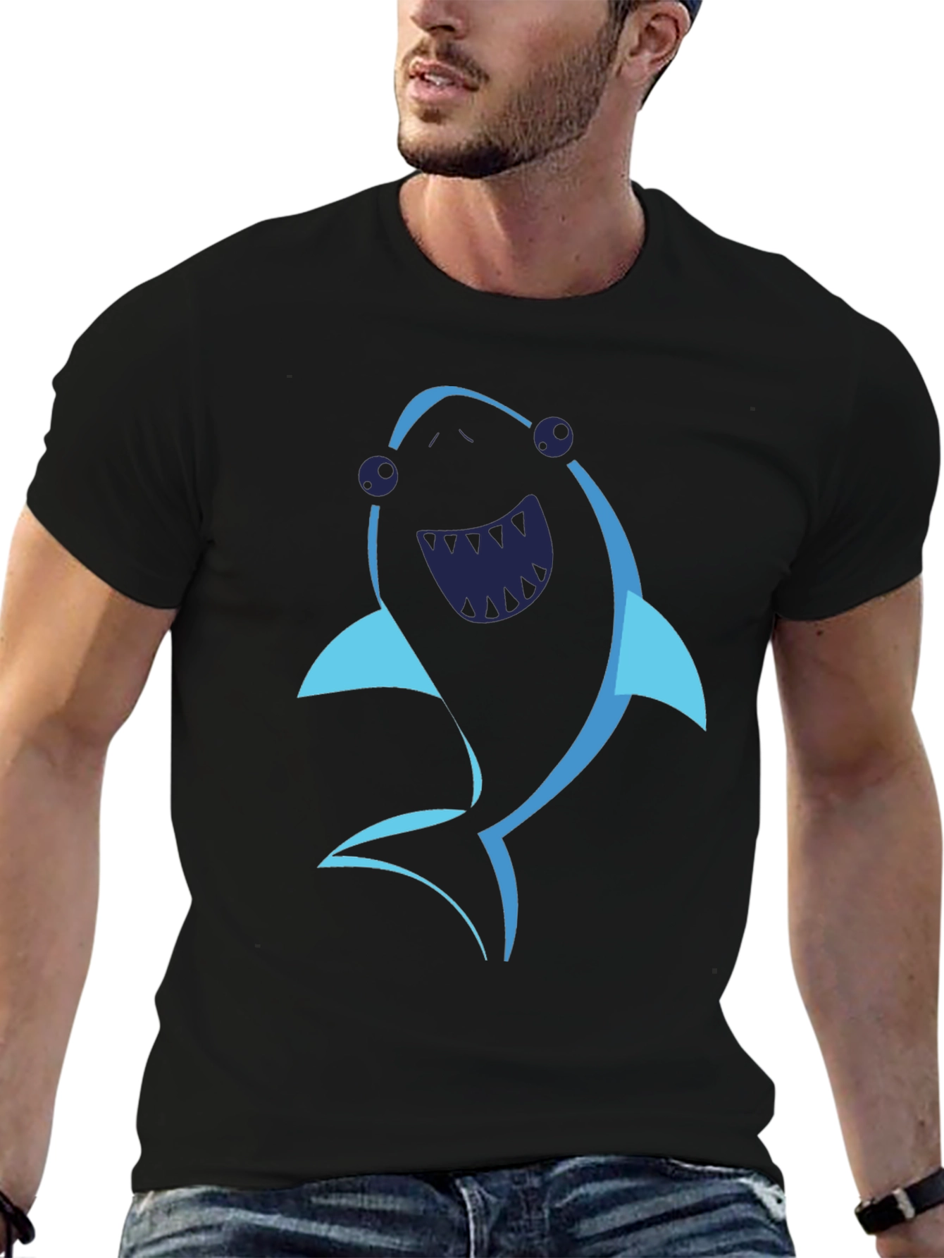 Cartoon Shark Graphic Tee - Black Cotton T-Shirt