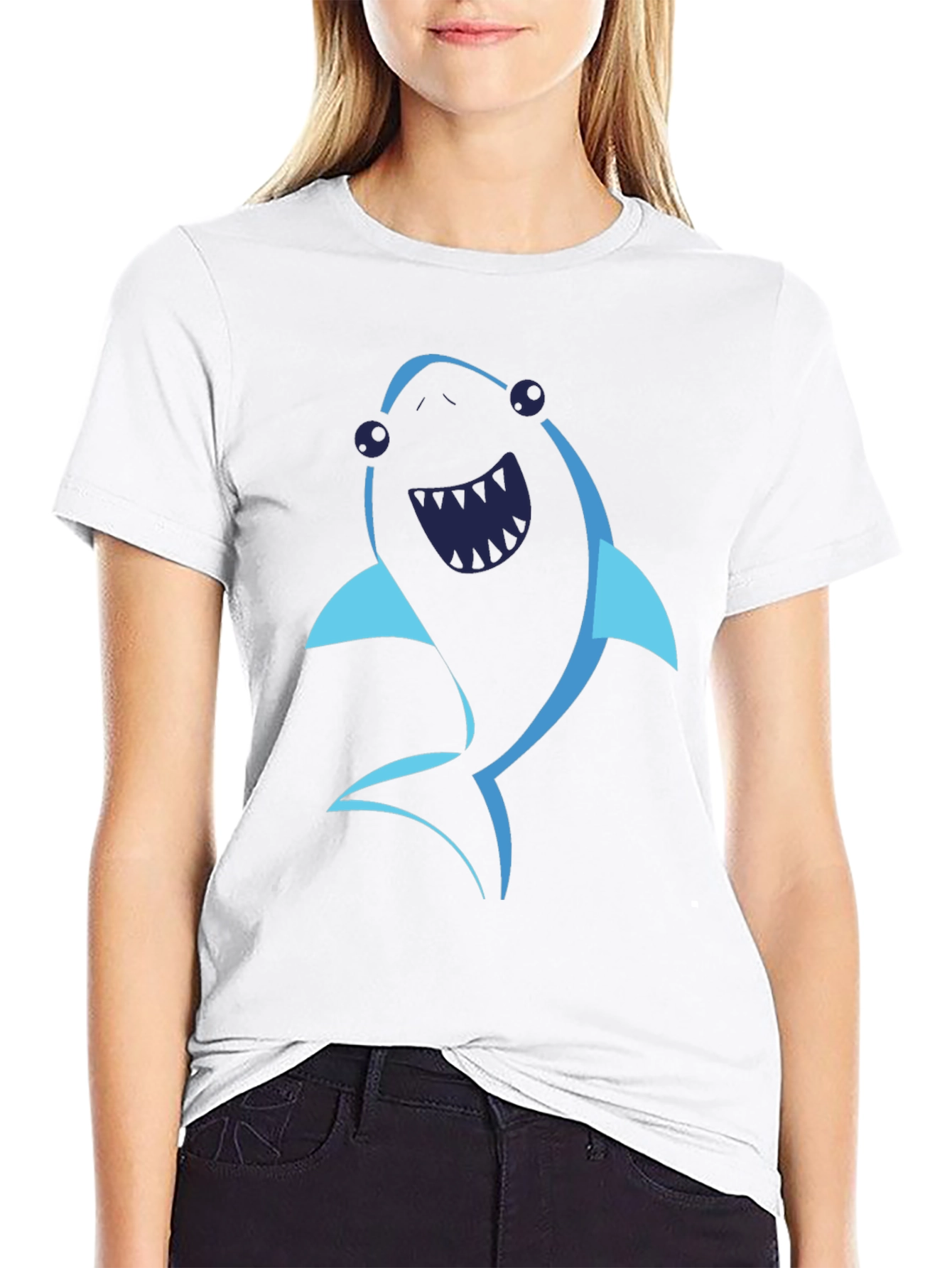 Cartoon Shark Graphic Tee - Black Cotton T-Shirt