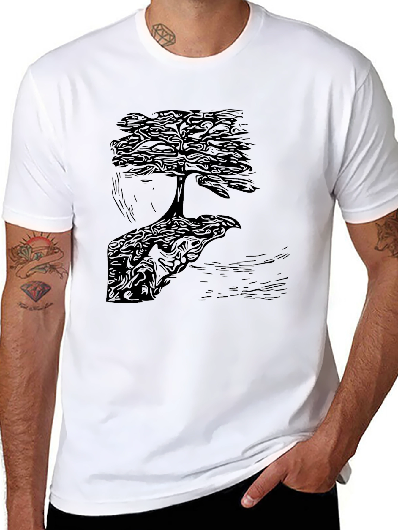 Bonsai Tree Graphic Print Crew Neck Tee - Black
