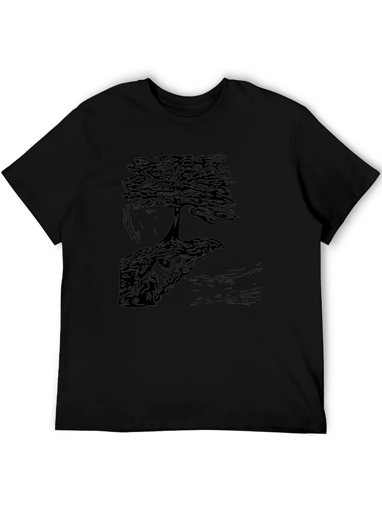 Bonsai Tree Graphic Print Crew Neck Tee - Black